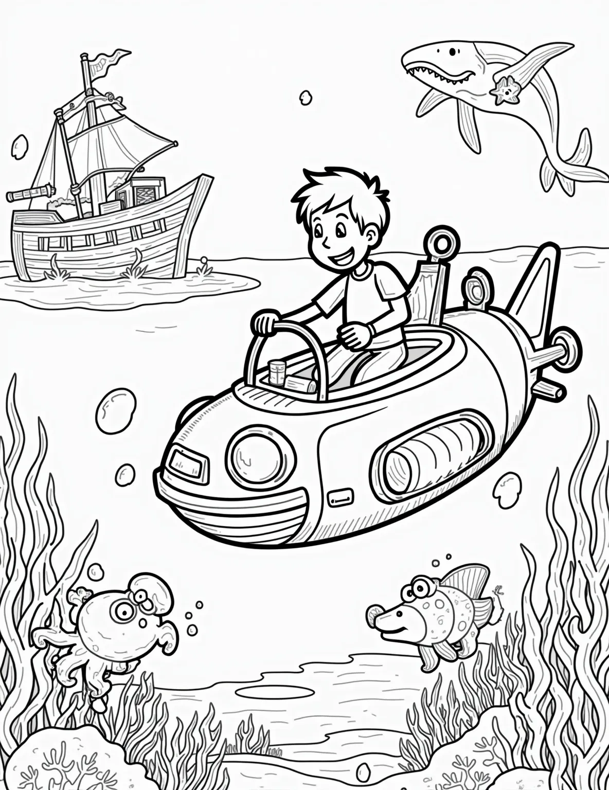 Undersea Robot Explorer Coloring Page -- prompt: "black lines only Cheerful boy navigates underwater robot, surrounded by cartoonish sea creatures. Bold outlines define coral formations, bubbles, and fish shapes. Simple yet engaging design perfect for coloring. Robot's mechanical arms reach for starfish. Ocean floor dotted with treasure chests. Smiling shark lurks nearby. flat black lines, premium coloring page, coloring sheet, line drawing, Coloring Book, NO COLOR, NO SHADING, WHITE BACKGROUND. NO GRAY, BLACK AND WHITE, NO COLOR" -- Dive into an underwater adventure with this fascinating coloring page showcasing a boy piloting a high-tech submersible robot. The scene is set in a vibrant coral reef teeming with colorful fish, mysterious sea creatures, and hidden treasures. This page is perfect for boys who love both technology and marine life.