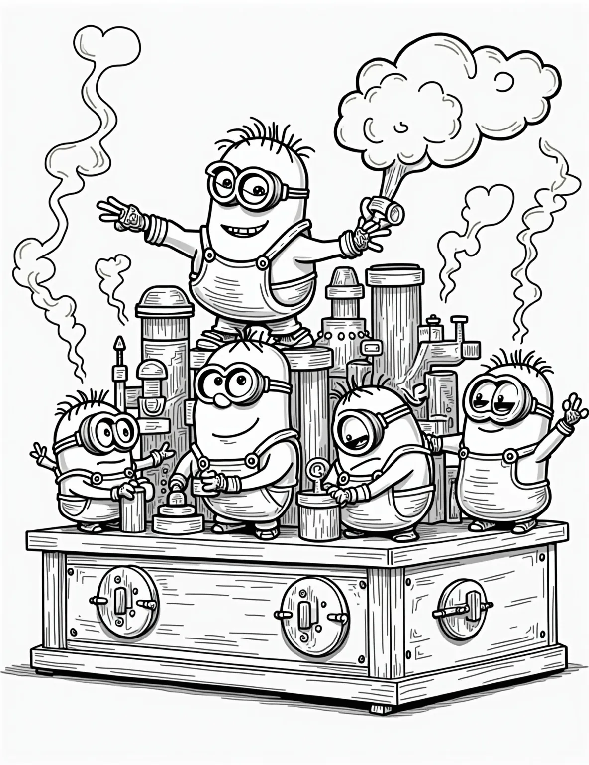 Minions' Steampunk Workshop -- prompt: "black lines only Playful Minions in a whimsical steampunk workshop. Bold outlines frame goggle-eyed characters tinkering with oversized gears. Victorian-inspired pipes, valves, and gadgets fill the background. Cute steam clouds puff from quirky machines. Perfect for coloring fun with vibrant hues. flat black lines, premium coloring page, coloring sheet, line drawing, Coloring Book, NO COLOR, NO SHADING, WHITE BACKGROUND. NO GRAY, BLACK AND WHITE, NO COLOR" -- Enter a world of gears, gadgets, and yellow mayhem with this steampunk-inspired Minion coloring page. Our goggle-wearing friends are tinkering with fantastical steam-powered inventions in a Victorian-era workshop. This highly detailed scene is perfect for adult coloring enthusiasts who love intricate designs and imaginative scenarios.