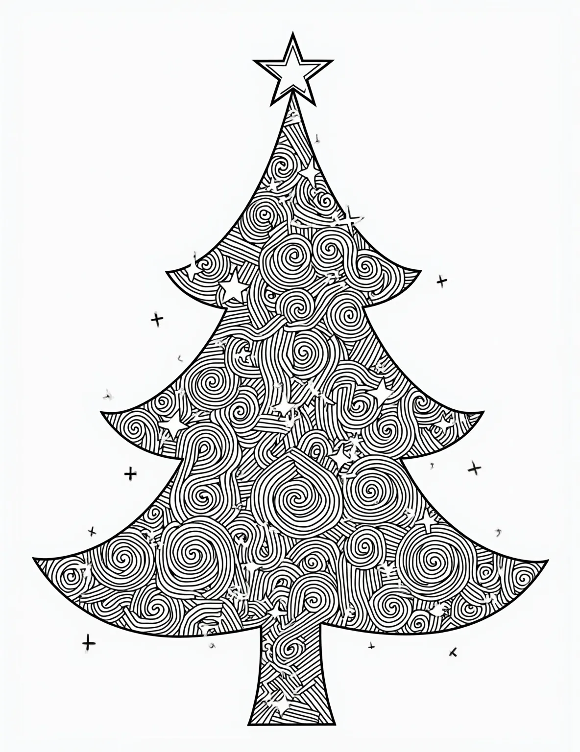 Zentangle Christmas Tree -- prompt: "black lines only Christmas tree bursting with swirling Zentangle patterns. Ornate spirals, geometric shapes, and delicate lines intertwine through branches. Bold outlines perfect for coloring. Star-topped, the tree radiates festive joy. Playful baubles and candy canes peek out, inviting creative exploration. Coloring book style, flat black lines, premium coloring page, coloring sheet, line drawing, Coloring Book, NO COLOR, NO SHADING, WHITE BACKGROUND. NO GRAY, BLACK AND WHITE, NO COLOR" -- Dive into a world of intricate patterns with this mesmerizing Zentangle Christmas tree coloring page. The tree is composed of complex, repeating designs that flow and intertwine, creating a meditative coloring experience. Each section offers a new pattern to explore, making it perfect for stress relief and creative expression.