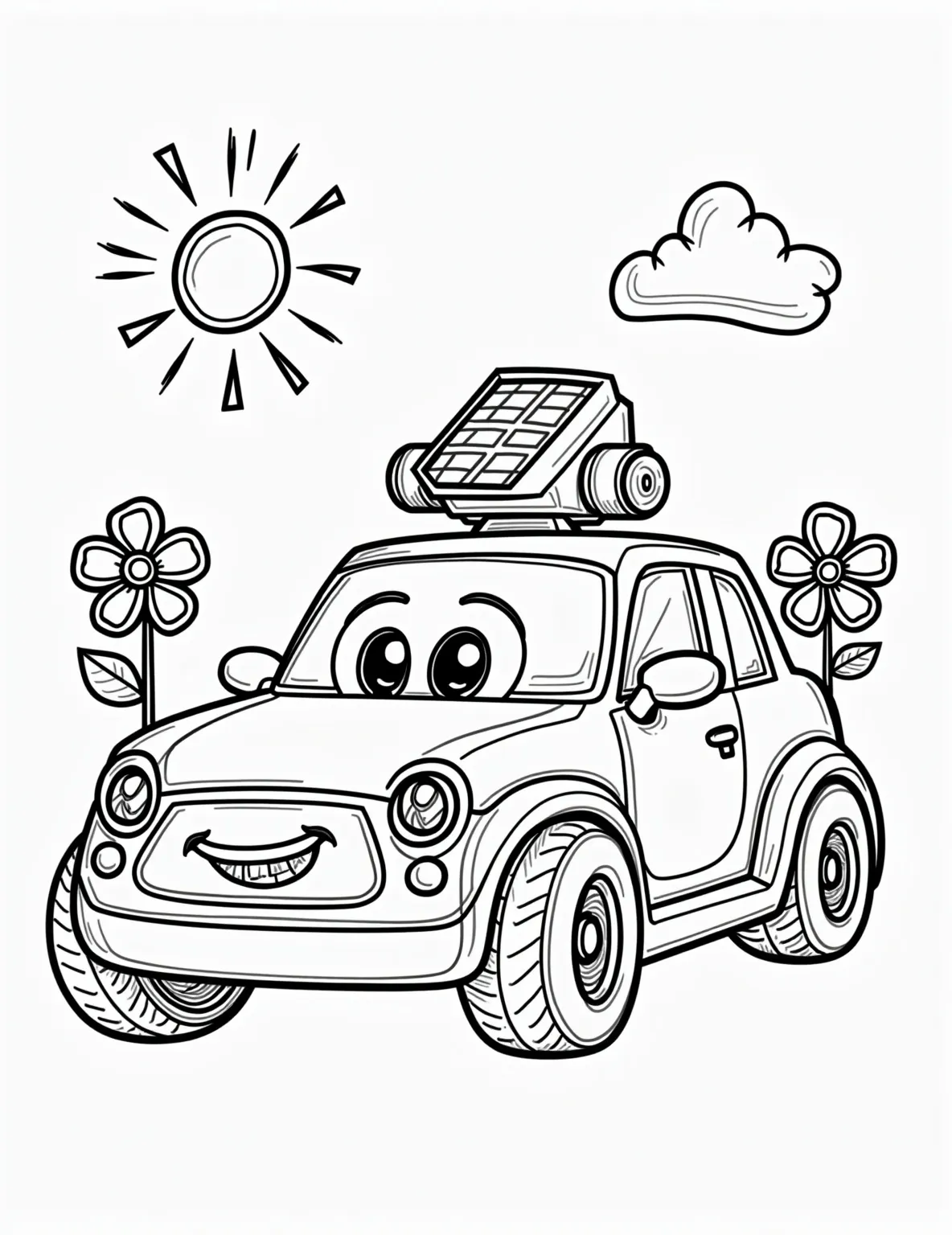 Electric Car at a Charging Station -- prompt: "black lines only Playful electric car with smiling face, oversized wheels, connected to cartoonish charging station resembling a friendly robot. Stylized solar panels dance in background, sun beams radiating. Bold outlines, simple shapes, large empty spaces for coloring. Cheerful energy-saving scene for children's flat black lines, premium coloring page, coloring sheet, line drawing, Coloring Book, NO COLOR, NO SHADING, WHITE BACKGROUND. NO GRAY, BLACK AND WHITE, NO COLOR" -- Embrace the future of eco-friendly transportation with this modern electric car. Depicted at a charging station, this coloring page highlights the advancement in automotive technology. It's an excellent choice for environmentally conscious colorists and tech enthusiasts.