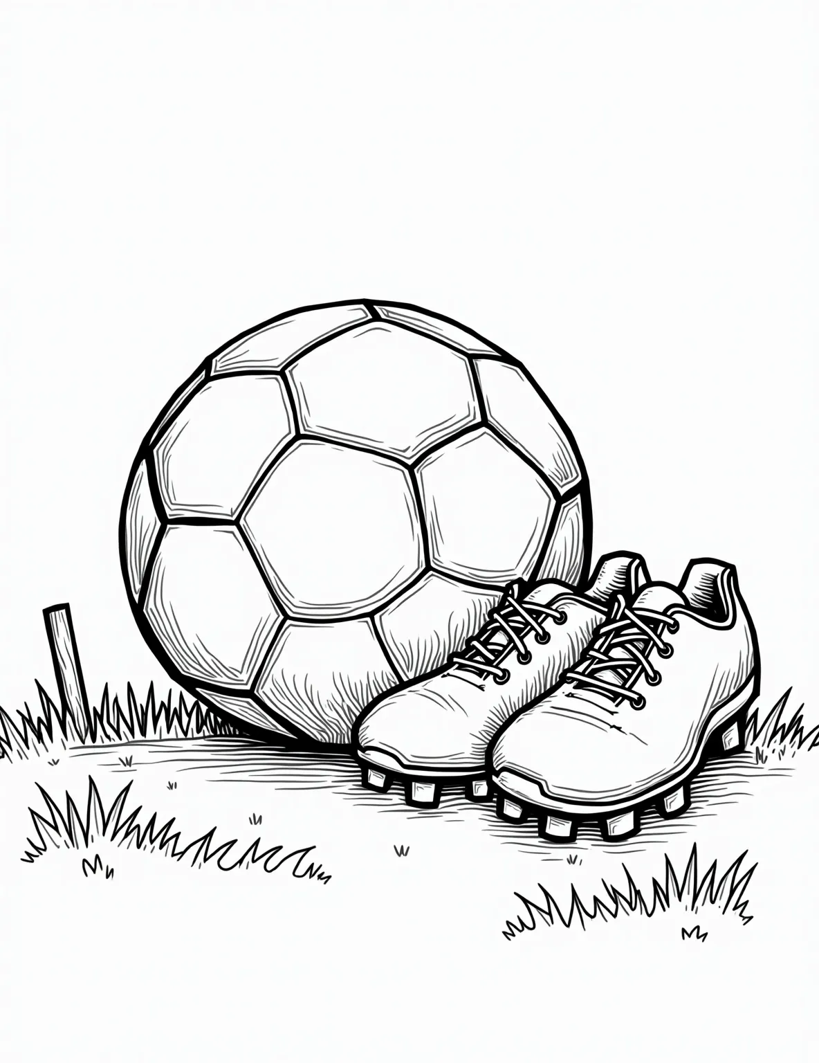 Soccer Cleat and Ball -- prompt: "black lines only Soccer cleat with bold outlines, laces exaggerated, positioned beside oversized soccer ball. Thick black lines define shapes, ready for coloring. Playful proportions create dynamic composition. Empty spaces invite creativity. Simplified yet recognizable forms capture essence of soccer gear. Joyful, energetic scene inspires young artists. flat black lines, premium coloring page, coloring sheet, line drawing, Coloring Book, NO COLOR, NO SHADING, WHITE BACKGROUND. NO GRAY, BLACK AND WHITE, NO COLOR" -- This detailed coloring page features a close-up of a soccer cleat next to a ball. The cleat's intricate design, including laces, studs, and brand details, offers a challenge for more advanced colorists. The soccer ball provides a nice contrast with its simpler geometric pattern.