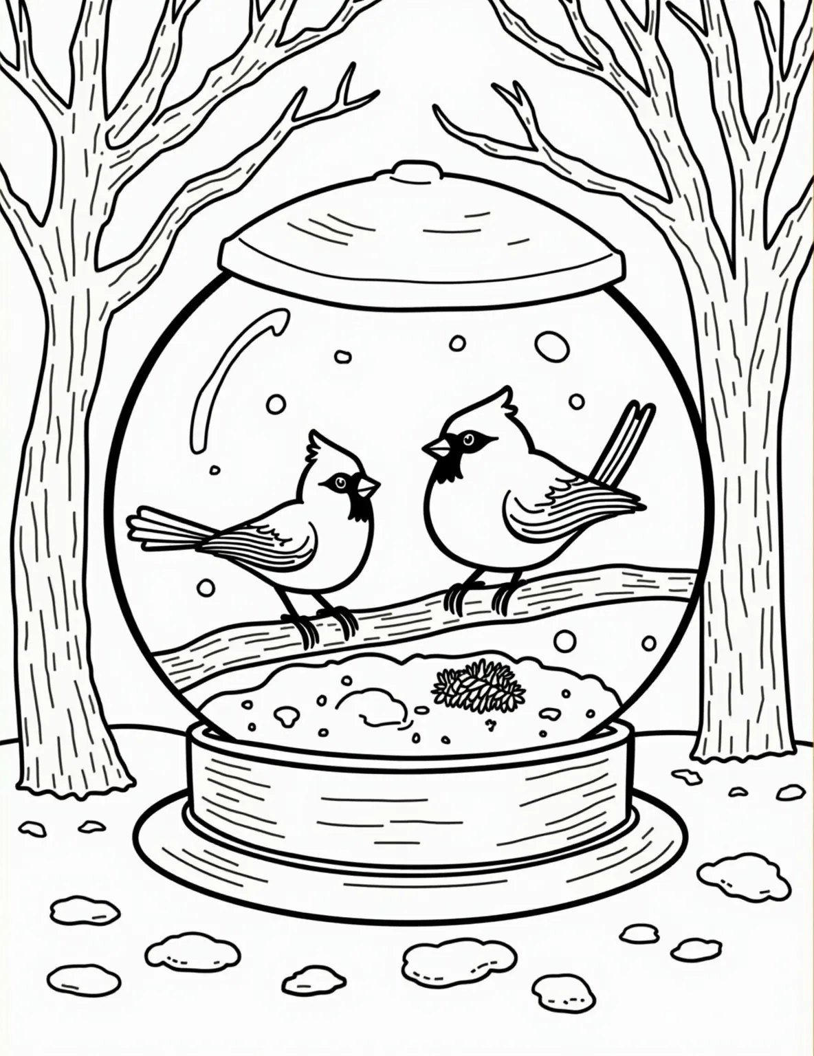 Winter Bird Feeder Snow Globe -- prompt: "black lines only Coloring page of playful winter scene: Snow globe encasing cheerful bird feeder. Chunky cardinals, plump chickadees perch on thick branches. Bold outlines define swirling snowflakes, pine cones. Simple shapes create cozy, child-friendly atmosphere. Bare trees frame background. flat black lines, premium coloring page, coloring sheet, line drawing, Coloring Book, NO COLOR, NO SHADING, WHITE BACKGROUND. NO GRAY, BLACK AND WHITE, NO COLOR" -- Celebrate winter's small wonders with this charming bird feeder snow globe. Cardinals, chickadees, and bluejays perch on a decorative feeder, surrounded by snow-laden branches and falling snowflakes. This peaceful scene is ideal for bird enthusiasts and those who appreciate the quiet beauty of winter.