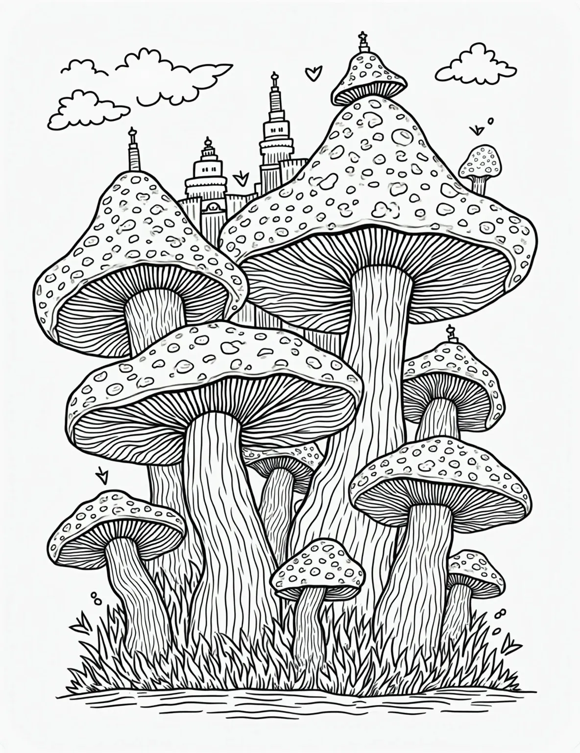 Mushroom Kingdom Adventure -- prompt: "black lines only Playful coloring page featuring a whimsical mushroom city. Bulbous caps form rooftops, stem-like towers stretch skyward. Smiling fungi folk stroll across spore-patterned bridges. Dotted lines and simple shapes create a fun, easy-to-color landscape. Cheerful scene invites creative expression. flat black lines, premium coloring page, coloring sheet, line drawing, Coloring Book, NO COLOR, NO SHADING, WHITE BACKGROUND. NO GRAY, BLACK AND WHITE, NO COLOR" -- Embark on a fantastic journey through a magical mushroom kingdom. This coloring page features a vast landscape filled with mushroom-shaped houses, bridges made of shelf fungi, and cheerful mushroom characters. It's a fun, imaginative scene that will keep young artists engaged for hours.