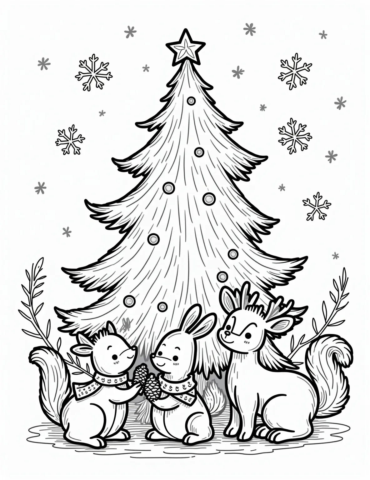 Winter Wildlife Christmas Coloring Page -- prompt: "black lines only Cheerful woodland creatures outline a festive Christmas tree, adorned with pinecones and berries. Squirrels, rabbits, and deer surround the tree, their forms simplified for easy coloring. Stylized snowflakes and evergreen branches frame the scene. Bold, clean lines define each element, perfect for coloring book enthusiasts. flat black lines, premium coloring page, coloring sheet, line drawing, Coloring Book, NO COLOR, NO SHADING, WHITE BACKGROUND. NO GRAY, BLACK AND WHITE, NO COLOR" -- Explore the beauty of nature during the holiday season with this serene winter wildlife scene. The coloring page features various forest animals gathered around a decorated Christmas tree in a snowy clearing. This page is ideal for nature enthusiasts and those who appreciate the quiet magic of winter.