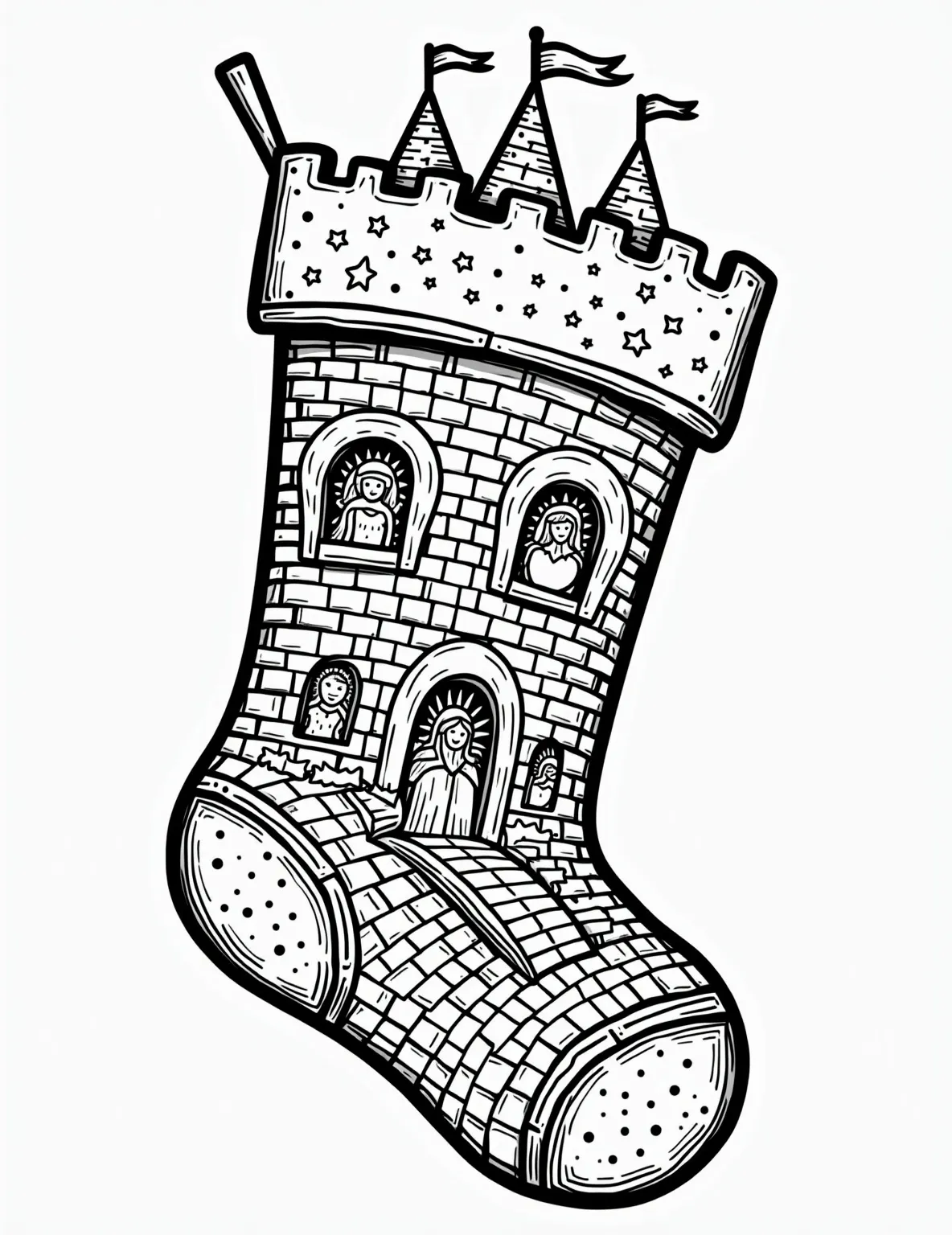 Fairytale Castle Stocking Coloring Page -- prompt: "black lines only Christmas stocking shaped like fairytale castle, bold outlines perfect for coloring. Turrets, drawbridge, flags with simple patterns. Windows reveal princesses with flowing hair, knights in armor, playful dragons. Castle bricks and roof tiles form maze-like designs. Stockings hanging from battlements. flat black lines, premium coloring page, coloring sheet, line drawing, Coloring Book, NO COLOR, NO SHADING, WHITE BACKGROUND. NO GRAY, BLACK AND WHITE, NO COLOR" -- This magical coloring page showcases a stocking shaped like a fairytale castle. The stocking features turrets, a drawbridge, and flags at the top. Windows reveal glimpses of princesses, knights, and dragons inside the castle.