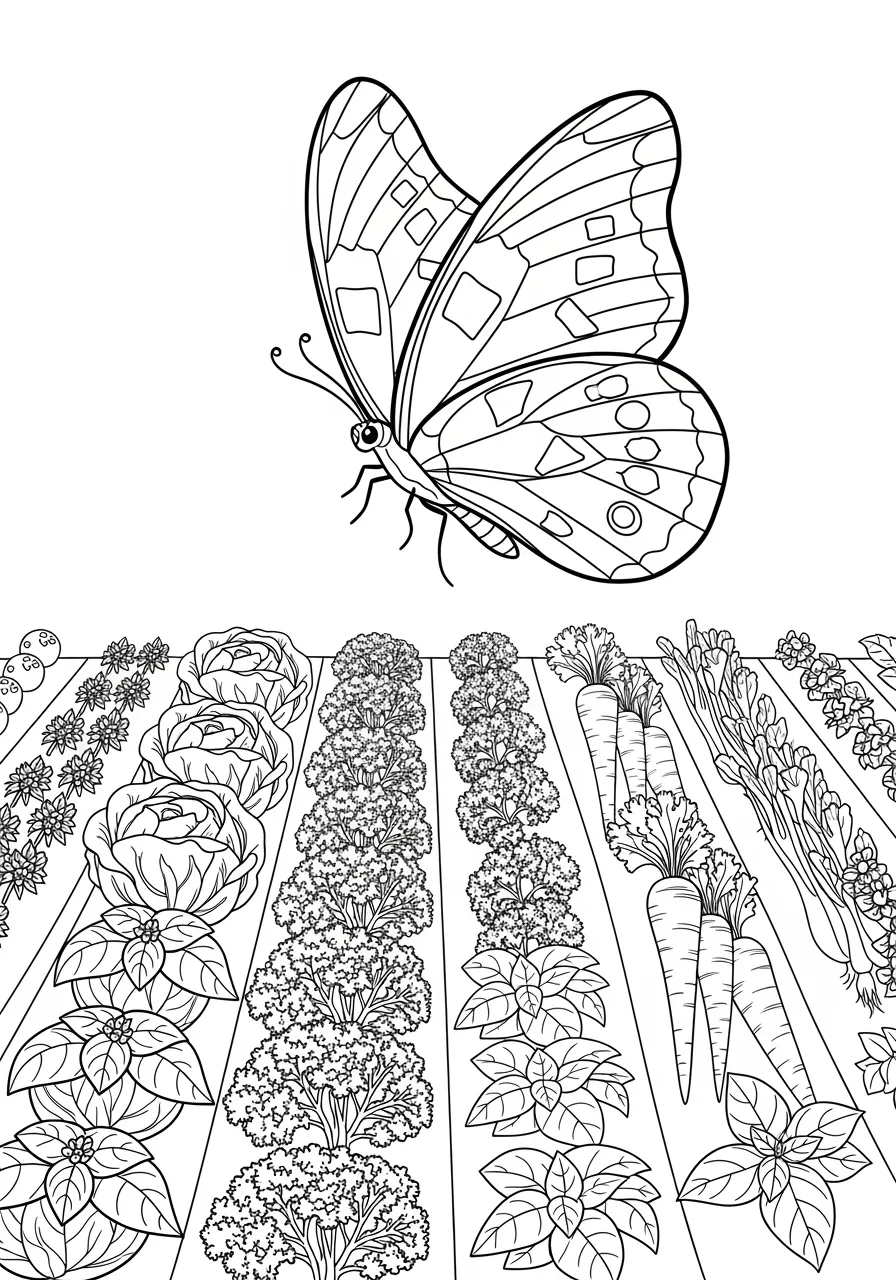 13. Cabbage White Butterfly Vegetable Garden Coloring Page -- prompt: "black lines only Fun coloring book page featuring a cheerful cabbage white butterfly with bold wing patterns soaring above organized garden rows of lettuce, kale, carrots, and basil plants, thick black outlines, simple shapes perfect for crayons flat black lines, premium coloring page, coloring sheet, line drawing, Coloring Book, NO COLOR, NO SHADING, WHITE BACKGROUND. NO GRAY, BLACK AND WHITE, NO COLOR" -- A simple yet charming cabbage white butterfly visits a vegetable garden filled with leafy greens and herbs. The clean, elegant lines of this common butterfly species make it perfect for beginning colorists. The garden setting includes cabbages, lettuce, and other vegetables.