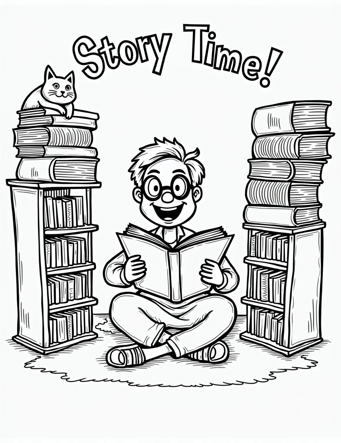 Librarian Girl's Story Time -- prompt: "black lines only Cheerful librarian with glasses reads to wide-eyed children. Oversized books, curvy bookshelves, and playful library cat surround them. Bold outlines define characters and objects. Whimsical lettering spells 'Story Time!' Blank spaces invite coloring. Simple shapes and patterns flat black lines, premium coloring page, coloring sheet, line drawing, Coloring Book, NO COLOR, NO SHADING, WHITE BACKGROUND. NO GRAY, BLACK AND WHITE, NO COLOR" -- Celebrate the love of reading with this charming librarian girl coloring page. The young book enthusiast is shown reading to a group of children, surrounded by towering bookshelves. Stacks of books and cozy reading nooks add delightful details to color.