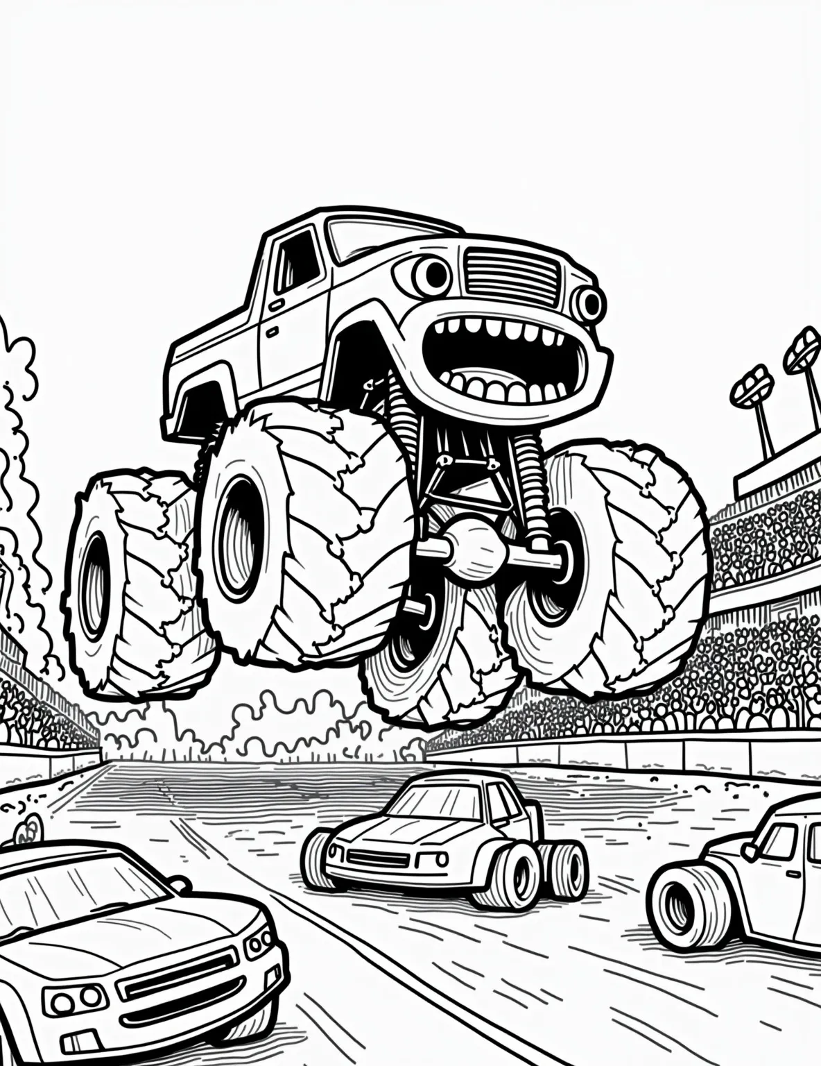 Monster Truck Mayhem -- prompt: "black lines only Cartoon monster truck with exaggerated features, bouncing over squashed cars. Bold outlines perfect for coloring. Stadium backdrop with cheering crowd silhouettes. Flames and dust clouds add excitement. Large, empty spaces for creative coloring. Fun, action-packed scene for all ages. flat black lines, premium coloring page, coloring sheet, line drawing, Coloring Book, NO COLOR, NO SHADING, WHITE BACKGROUND. NO GRAY, BLACK AND WHITE, NO COLOR" -- Get ready for some high-octane action with this thrilling Monster Truck Mayhem coloring page! This larger-than-life truck is shown mid-jump, soaring over crushed cars with its massive wheels and powerful frame. The detailed suspension and intricate design elements make this page perfect for both kids and adults who love extreme vehicles.