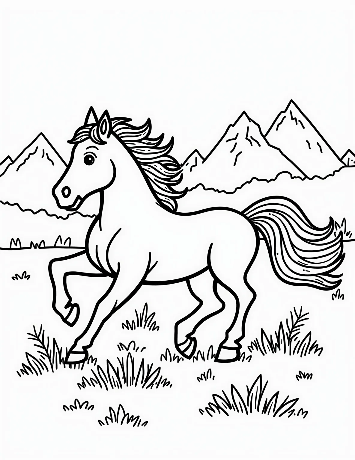 Majestic Horse Galloping Free Coloring Page -- prompt: "black lines only Playful line art of wild horse mid-gallop, mane swirling like ribbons. Simplified mountains as triangles. Grass tufts and flowers dot foreground. Empty spaces invite coloring. Bold outlines perfect for markers. Joyful, energetic scene sparks creativity. Child-friendly design with large, clear shapes. flat black lines, premium coloring page, coloring sheet, line drawing, Coloring Book, NO COLOR, NO SHADING, WHITE BACKGROUND. NO GRAY, BLACK AND WHITE, NO COLOR" -- Feel the freedom with this dynamic horse coloring page. The powerful steed in mid-gallop showcases the grace and strength of these beloved animals. Perfect for horse lovers and those who enjoy action-filled coloring pages.