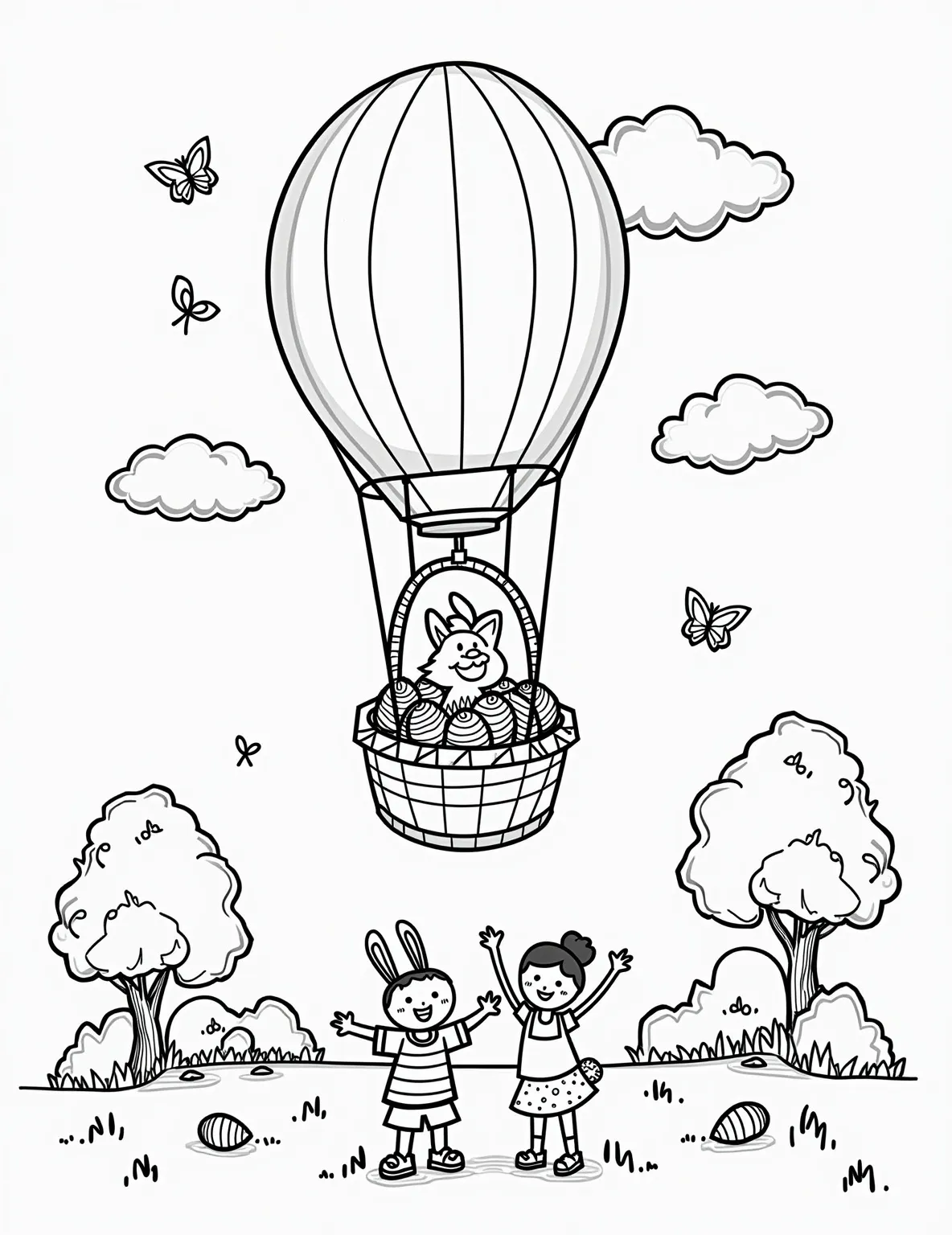 Easter Bunny's Hot Air Balloon Delivery -- prompt: "black lines only Easter Bunny pilots egg-shaped hot air balloon, basket overflowing with colorful eggs. Below, children with outstretched arms eagerly await. Simple, bold outlines perfect for coloring. Fluffy clouds, flowering trees, and hidden carrots add playful elements to this whimsical scene. flat black lines, premium coloring page, coloring sheet, line drawing, Coloring Book, NO COLOR, NO SHADING, WHITE BACKGROUND. NO GRAY, BLACK AND WHITE, NO COLOR" -- Soar through the skies with the Easter Bunny in this imaginative coloring page. The scene depicts the Easter Bunny piloting a giant Easter egg-shaped hot air balloon, dropping baskets of eggs and treats to the excited children below. Fluffy clouds and playful birds add to the airborne Easter adventure.