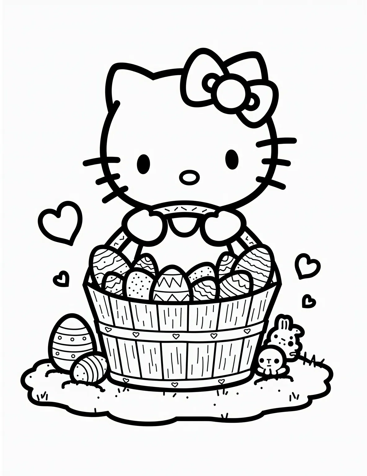 Hello Kitty's Easter Basket Bonanza -- prompt: "black lines only Hello Kitty, outlined in bold black lines, sits centered on a coloring page. She cradles an oversized Easter basket brimming with eggs, bunnies, and sweets. Simplified shapes and patterns adorn her bow, whiskers, and basket. Surrounding empty spaces await colorful creativity. Fun flat black lines, premium coloring page, coloring sheet, line drawing, Coloring Book, NO COLOR, NO SHADING, WHITE BACKGROUND. NO GRAY, BLACK AND WHITE, NO COLOR" -- This page depicts Hello Kitty proudly displaying her overflowing Easter basket. The basket is filled with beautifully decorated eggs, chocolate bunnies, and colorful jellybeans. Hello Kitty's expression is one of pure joy, capturing the excitement of Easter morning.