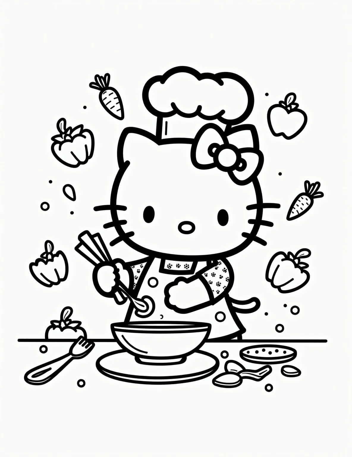 Hello Kitty's Baking Day -- prompt: "black lines only Hello Kitty in a bold-lined kitchen scene, perfect for coloring. She's wearing an oversized chef's hat and polka-dot apron, energetically stirring a bowl. Cartoon-style baking ingredients float around her: eggs, milk carton, flour sack. Utensils with exaggerated shapes create a playful atmosphere. flat black lines, premium coloring page, coloring sheet, line drawing, Coloring Book, NO COLOR, NO SHADING, WHITE BACKGROUND. NO GRAY, BLACK AND WHITE, NO COLOR" -- This sweet coloring page features Hello Kitty in the kitchen, baking up a storm! She's wearing a chef's hat and apron, mixing a bowl of batter. The counter is filled with baking ingredients and utensils. It's a delightful scene that's sure to inspire young bakers.