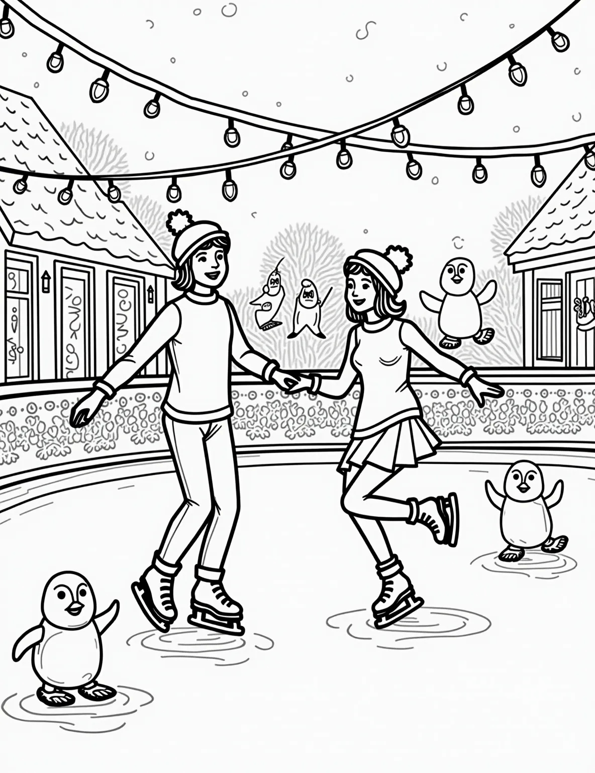 Christmas Ice Skating Rink Coloring Page -- prompt: "black lines only Joyful ice skaters glide across a bustling outdoor rink, their outlines bold and playful. Twinkling Christmas lights frame the scene, while festive decorations dot the background. Simplified snowflakes fall gently, creating a whimsical winter wonderland perfect for coloring. Line art captures flat black lines, premium coloring page, coloring sheet, line drawing, Coloring Book, NO COLOR, NO SHADING, WHITE BACKGROUND. NO GRAY, BLACK AND WHITE, NO COLOR" -- Glide into the holiday spirit with this lively ice skating scene coloring page. The image shows people of all ages enjoying a festive outdoor ice rink, surrounded by Christmas lights and decorations. This page is perfect for those who love winter activities and the joy of the holiday season.