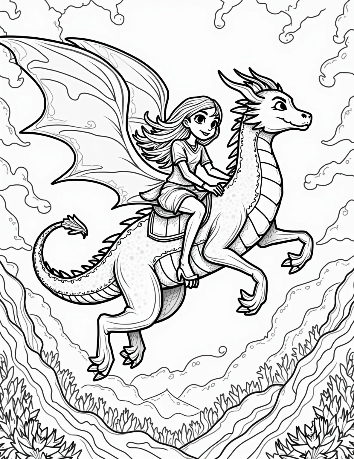 Raya's Dragon Friend -- prompt: "black lines only Raya astride Sisu, soaring through Kumandra's vibrant regions. Bold outlines frame intricate patterns of scales, fur, and landscapes. Flowing lines capture wind and movement. Empty spaces await colorful imagination. Playful details invite exploration in this magical adventure coloring page. flat black lines, premium coloring page, coloring sheet, line drawing, Coloring Book, NO COLOR, NO SHADING, WHITE BACKGROUND. NO GRAY, BLACK AND WHITE, NO COLOR" -- Embark on an adventure with Raya in this action-packed coloring page. Our determined warrior princess is riding on Sisu the dragon, soaring through the skies of Kumandra. The landscape below hints at the diverse realms of their world, offering a rich tapestry for coloring.