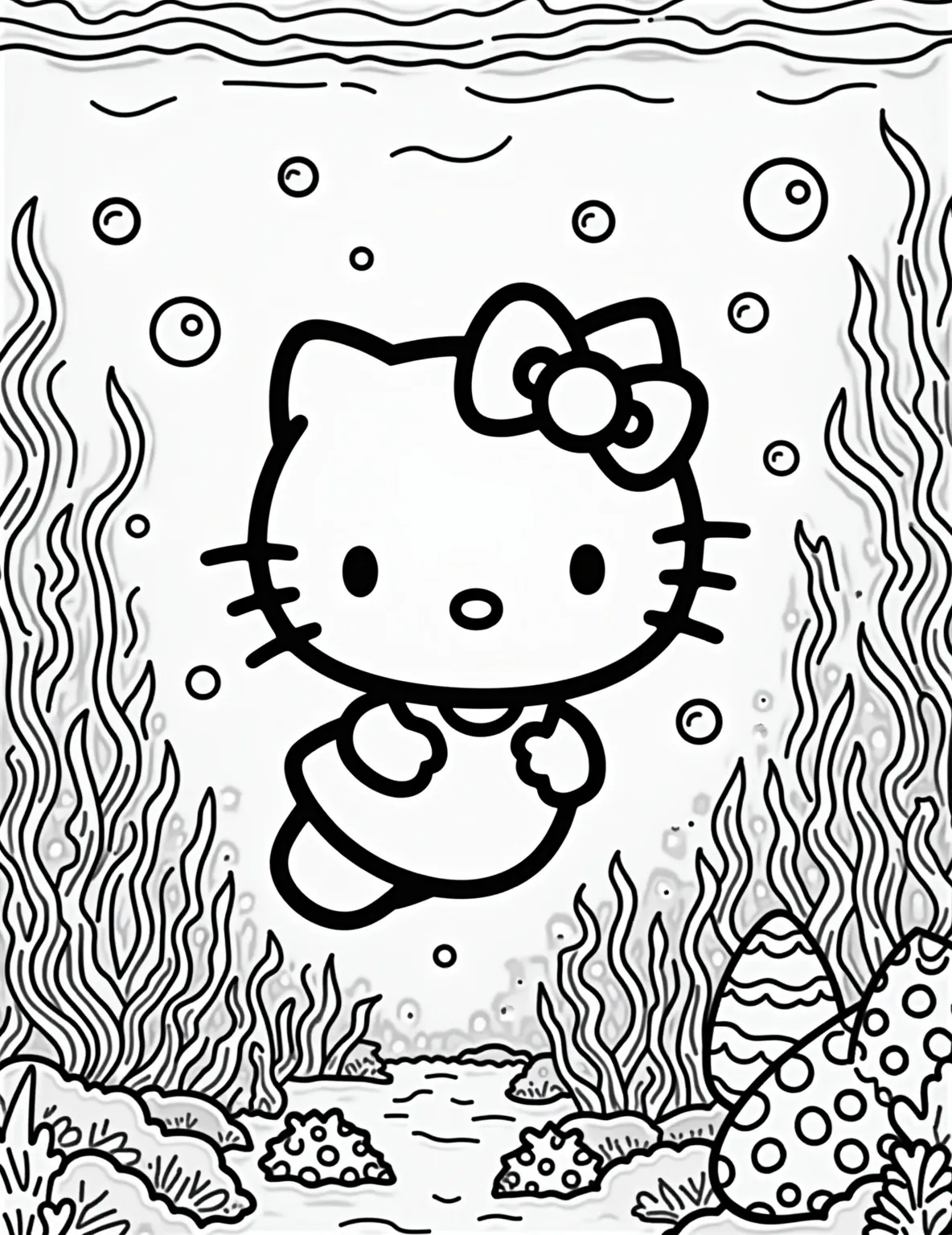 Hello Kitty's Underwater Easter Egg Hunt -- prompt: "black lines only Hello Kitty, adorably round with big eyes, dives through a sea of thick, bold outlines. Coral formations and fish swirl around her, creating intricate patterns. Easter eggs nestle in seaweed, waiting to be discovered. Bubbles float upward in playful spirals. A cheerful underwater adventure flat black lines, premium coloring page, coloring sheet, line drawing, Coloring Book, NO COLOR, NO SHADING, WHITE BACKGROUND. NO GRAY, BLACK AND WHITE, NO COLOR" -- Dive into an underwater Easter adventure with Hello Kitty in this unique coloring page. She's scuba diving in an ocean filled with Easter eggs hidden among coral reefs and friendly sea creatures. Hello Kitty is collecting eggs in a waterproof Easter basket, creating a fun twist on the traditional egg hunt.