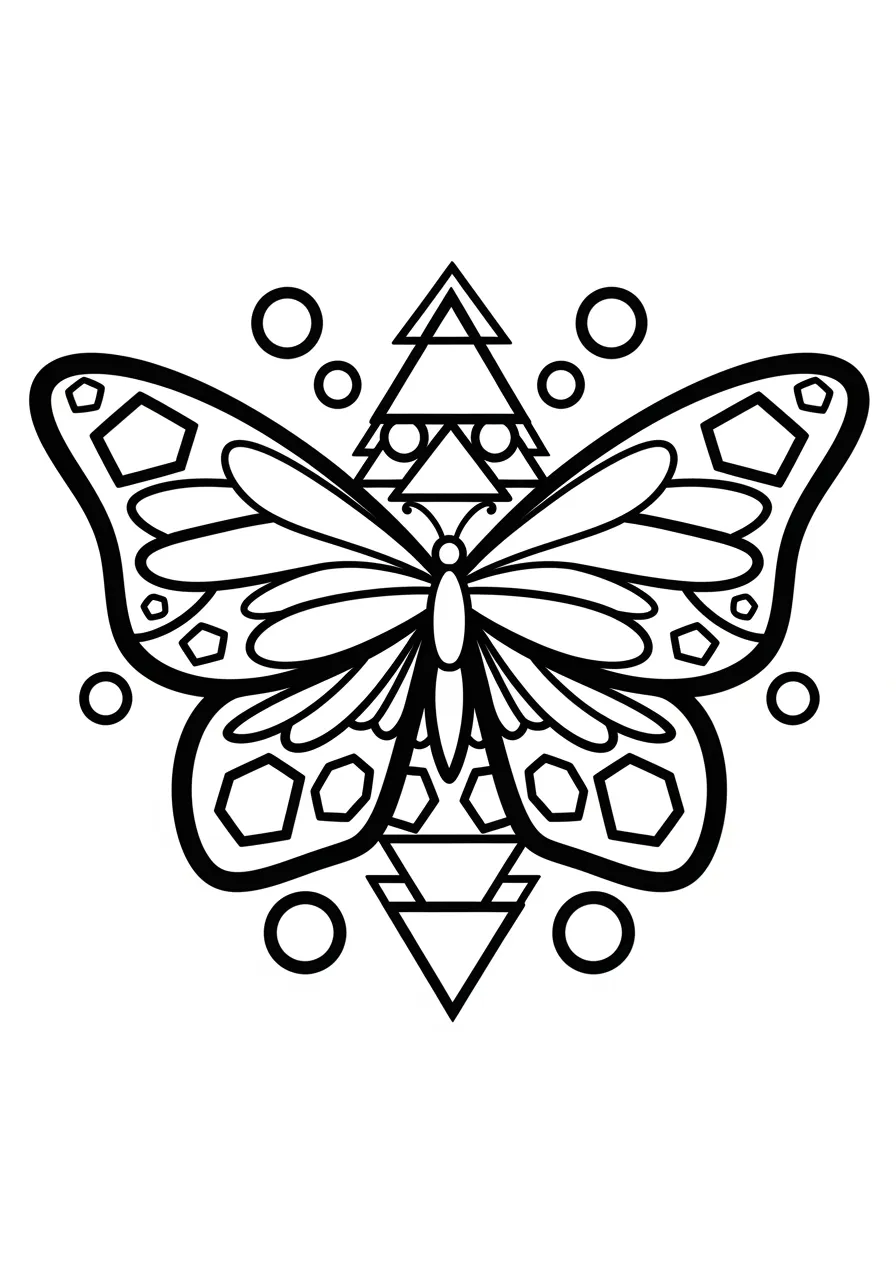 6. Butterfly Mandala Design Coloring Page -- prompt: "black lines only Symmetrical mandala coloring page featuring bold butterfly wings radiating from center, surrounded by hexagons, triangles, and circles. Thick black outlines define each section. Cheerful design perfect for relaxation and creativity, with balanced geometric patterns creating harmony. flat black lines, premium coloring page, coloring sheet, line drawing, Coloring Book, NO COLOR, NO SHADING, WHITE BACKGROUND. NO GRAY, BLACK AND WHITE, NO COLOR" -- This artistic coloring page combines the beauty of butterflies with the meditative quality of mandala patterns. Symmetrical butterfly wings form intricate geometric designs that are both relaxing and challenging to color. Perfect for older children and adults who enjoy detailed, therapeutic coloring.