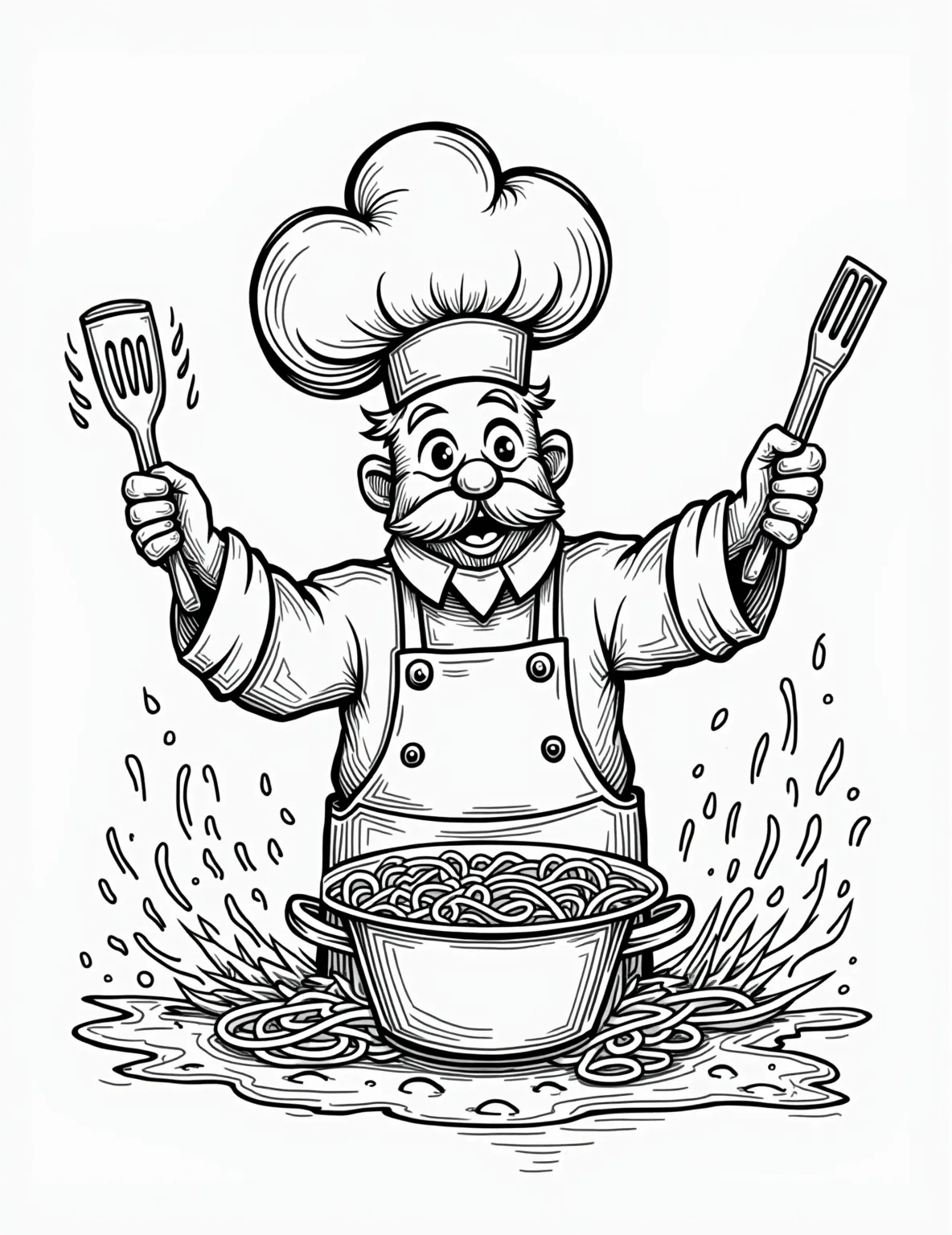 Marshall's Clumsy Cooking Class -- prompt: "black lines only Marshall, wearing a chef's hat, stands amidst a kitchen chaos. Pots bubble over, food flies, and students fumble utensils. Thick outlines define each element, with empty spaces awaiting vibrant colors. Spills form puddles shaped like cartoon splats, perfect for coloring fun. flat black lines, premium coloring page, coloring sheet, line drawing, Coloring Book, NO COLOR, NO SHADING, WHITE BACKGROUND. NO GRAY, BLACK AND WHITE, NO COLOR" -- Get ready for some culinary chaos with Marshall in this hilarious coloring page! The scene shows Marshall attempting to teach a cooking class, with comical mishaps and spills occurring all around him. Kids will giggle as they color this funny and endearing depiction of Marshall's lovable clumsiness.