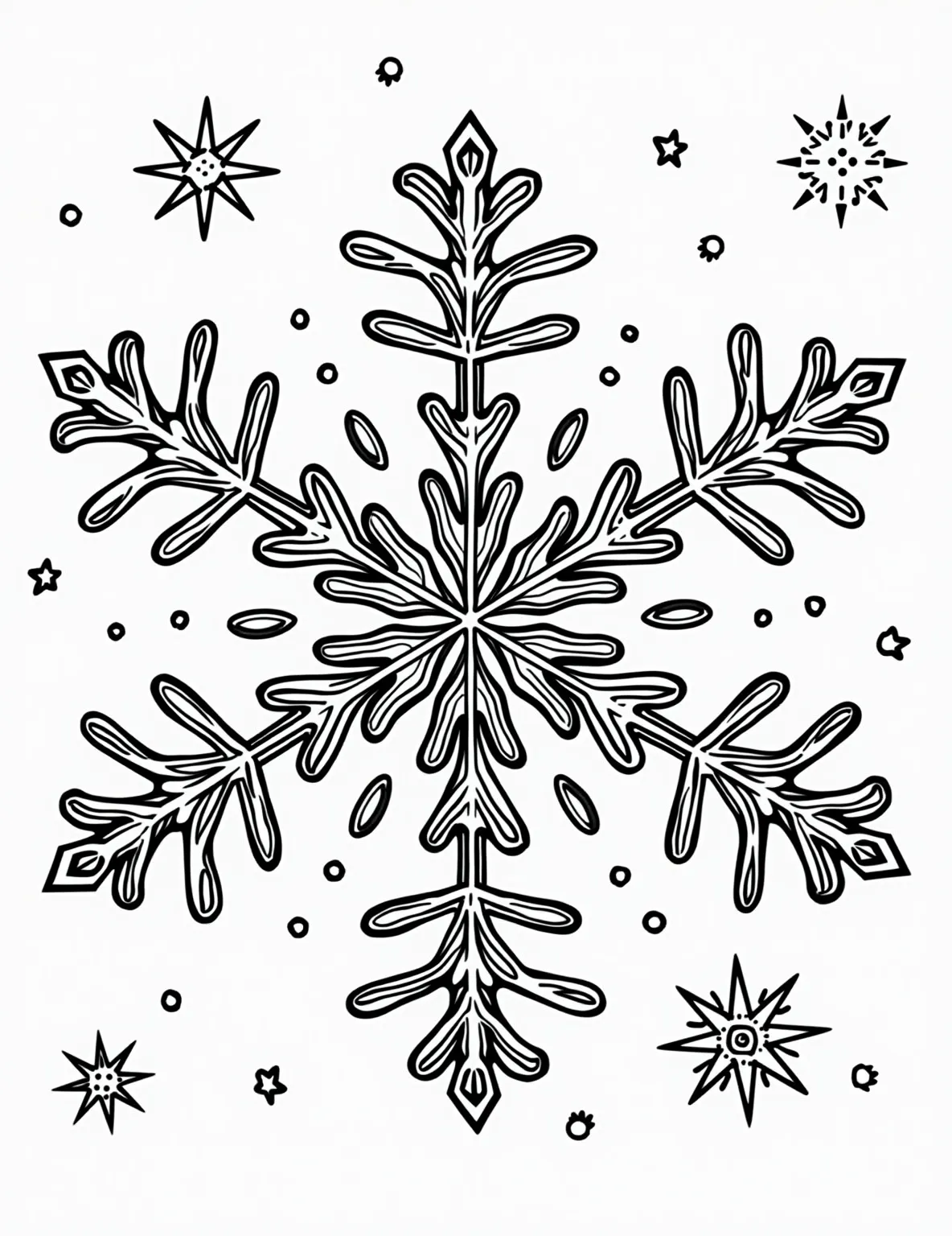 Snowflake Science Explorer -- prompt: "black lines only Delightful snowflake coloring page: Oversized, scientifically accurate flakes dance across white space. Bold outlines perfect for coloring. Each unique crystal labeled with playful typography. Swirling background patterns suggest icy winds. Cheerful winter scene invites artistic exploration and learning. Snowflakes range from simple flat black lines, premium coloring page, coloring sheet, line drawing, Coloring Book, NO COLOR, NO SHADING, WHITE BACKGROUND. NO GRAY, BLACK AND WHITE, NO COLOR" -- Dive into the fascinating world of snowflake formation with this educational coloring page. It features various types of snowflakes, from simple prisms to complex stellar dendrites, each labeled for learning. This page perfectly blends art and science for curious minds.