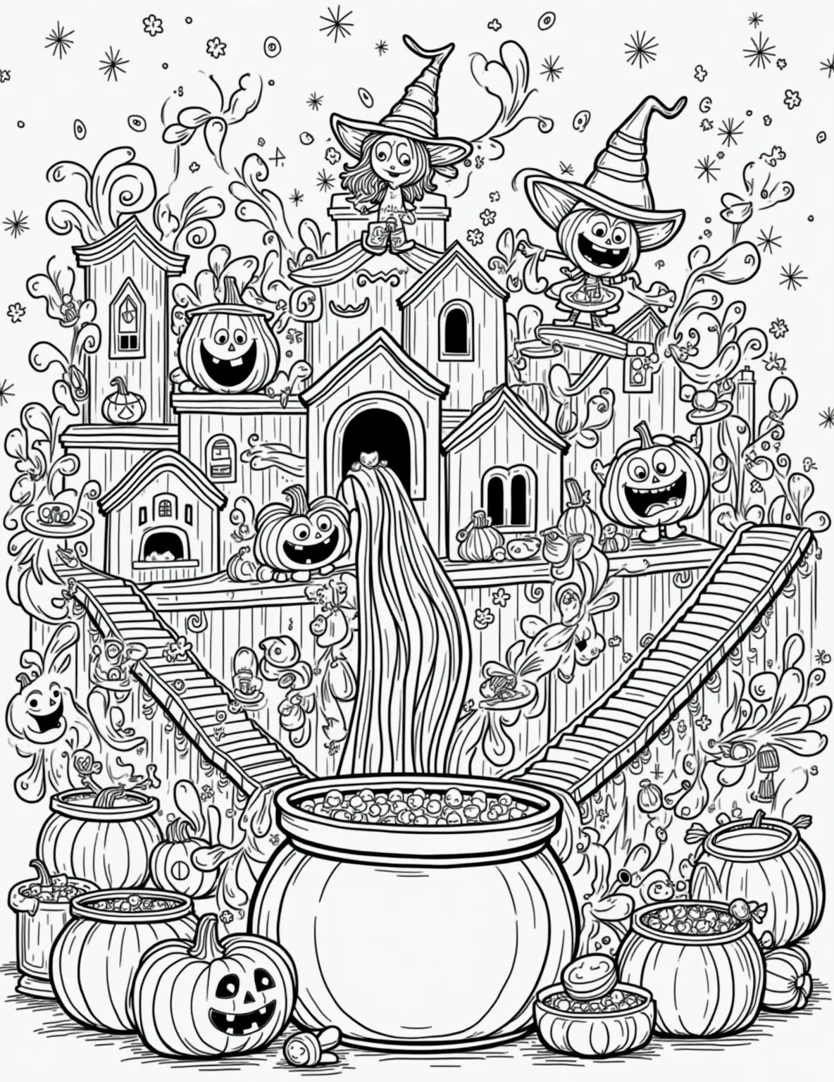 Magical Candy Corn Factory -- prompt: "black lines only Whimsical factory bustling with cartoon witches and friendly monsters. Cauldrons bubble, conveyor belts wind, and spell-casting stations sparkle. Oversized candy corn tumbles from chutes. Bold outlines define each element, perfect for coloring. Smiling jack-o'-lanterns decorate walls. Magic wands wave, creating flat black lines, premium coloring page, coloring sheet, line drawing, Coloring Book, NO COLOR, NO SHADING, WHITE BACKGROUND. NO GRAY, BLACK AND WHITE, NO COLOR" -- Discover the secrets of candy corn production in this whimsical coloring page. The scene depicts a magical factory run by witches and friendly monsters, creating the iconic Halloween treat. It's a delightful choice for children who love both Halloween and imaginative, behind-the-scenes glimpses.