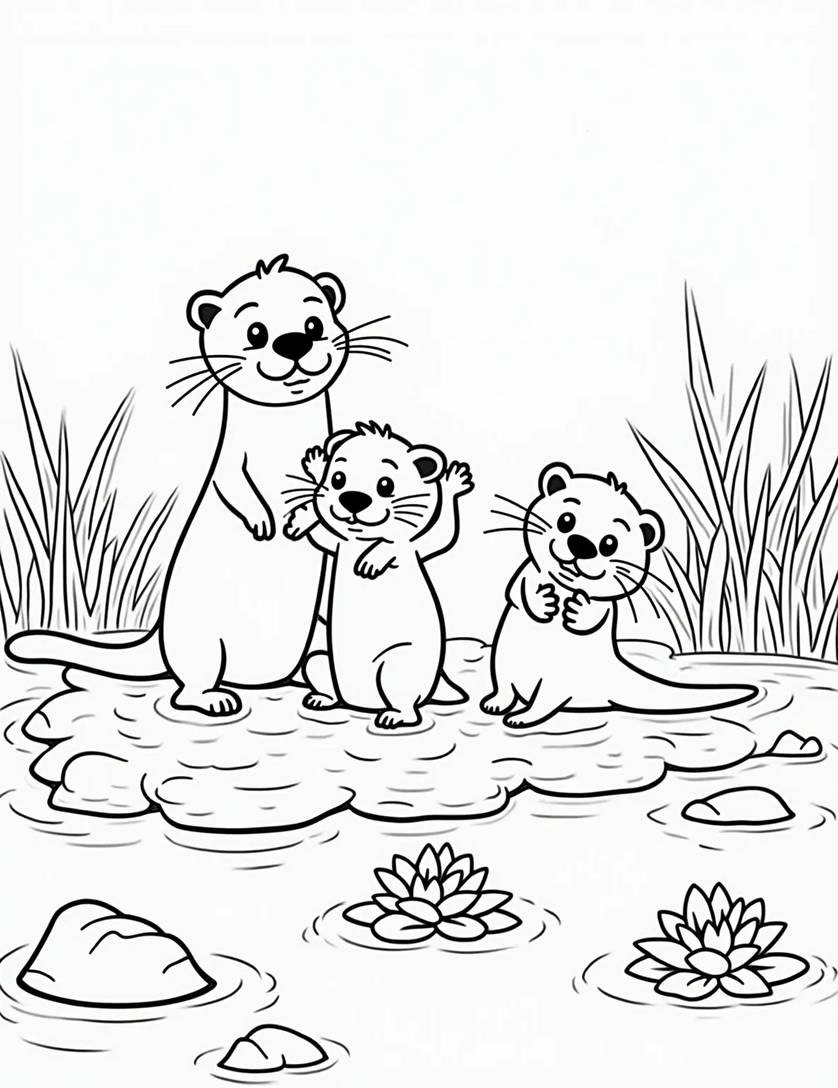 Playful Otter Family Swim Coloring Page -- prompt: "black lines only Playful otter family frolics in rippling river. Bold outlines define rocks, water lilies, and reeds. Simple shapes capture otters' sleek bodies and expressive faces. Large, empty spaces invite creativity. Black-and-white design perfect for coloring book fun. Cheerful scene encourages imagination flat black lines, premium coloring page, coloring sheet, line drawing, Coloring Book, NO COLOR, NO SHADING, WHITE BACKGROUND. NO GRAY, BLACK AND WHITE, NO COLOR" -- Dive into cuteness with this delightful otter family coloring page. The scene of otters playing in the water captures the social and fun-loving nature of these aquatic mammals. Ideal for those who enjoy coloring water scenes and animal families.