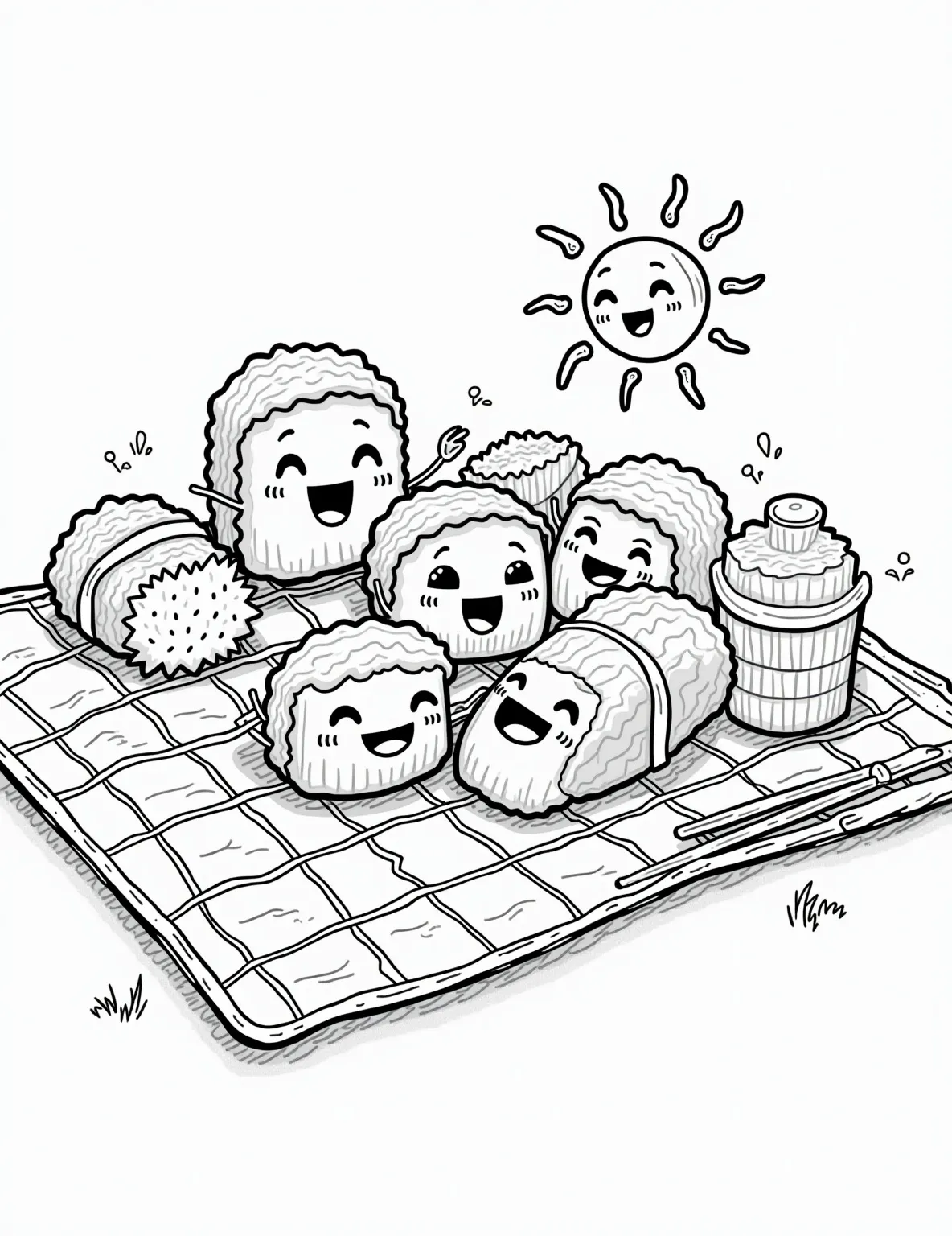 Kawaii Sushi Roll Friends Coloring Page -- prompt: "black lines only Cheerful sushi roll characters with expressive faces and wiggly arms gather for a playful picnic. Simple, bold outlines perfect for coloring. Nigiri, maki, and temaki varieties huddle together on a checkered blanket, surrounded by chopsticks and soy sauce bottles. A smiling sun peeks flat black lines, premium coloring page, coloring sheet, line drawing, Coloring Book, NO COLOR, NO SHADING, WHITE BACKGROUND. NO GRAY, BLACK AND WHITE, NO COLOR" -- Meet the cutest sushi you'll ever see in our Kawaii Sushi Roll Friends coloring page! This adorable scene features anthropomorphized sushi rolls with big eyes and sweet expressions. It's a perfect blend of Japanese cuisine and cute cartoon style that will delight children and sushi lovers alike.