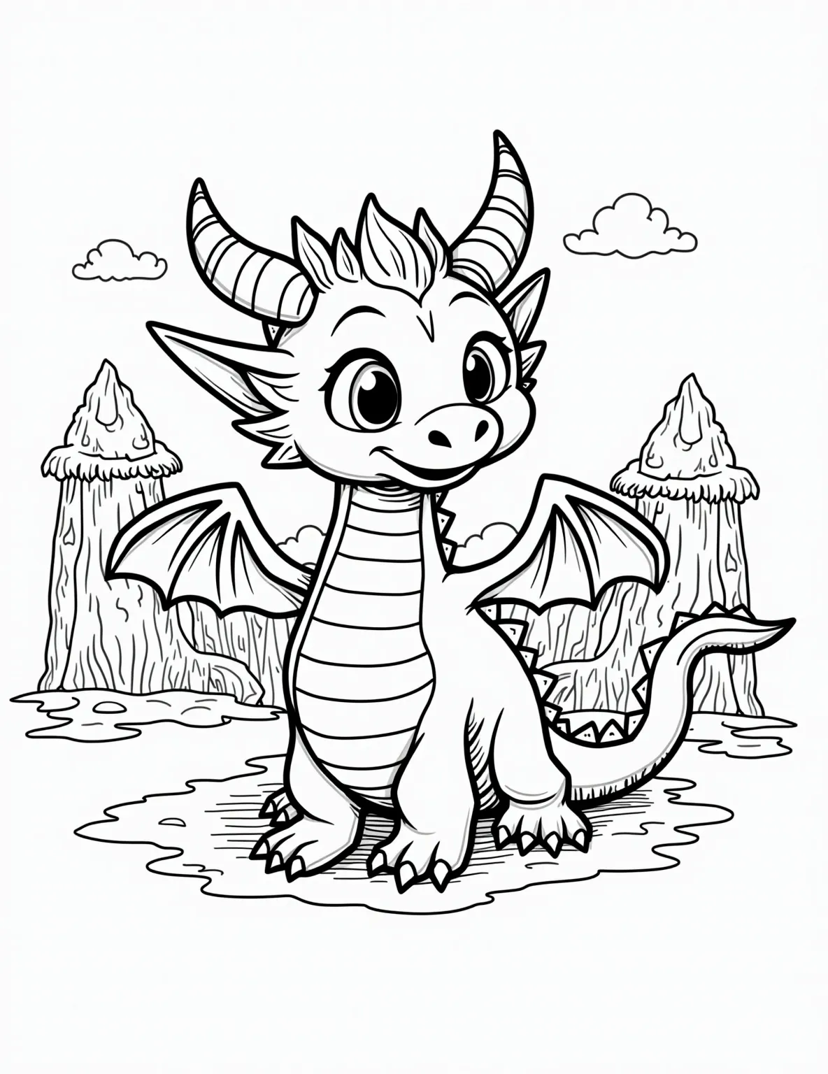 Night Fury Dragon Coloring Page -- prompt: "black lines only Bold black outlines shape a Night Fury dragon, poised for flight. Large, expressive eyes dominate its sleek form. Scales, wings, and tail fins await coloring. Simple background elements suggest a Viking village. Empty spaces invite creative imagination and personalization. Playful flat black lines, premium coloring page, coloring sheet, line drawing, Coloring Book, NO COLOR, NO SHADING, WHITE BACKGROUND. NO GRAY, BLACK AND WHITE, NO COLOR" -- Fans of 'How to Train Your Dragon' will love this Night Fury dragon coloring page. Inspired by Toothless, this sleek, black dragon showcases its distinctive features and expressive eyes. It's a great choice for those who enjoy popular culture references in their coloring pages.