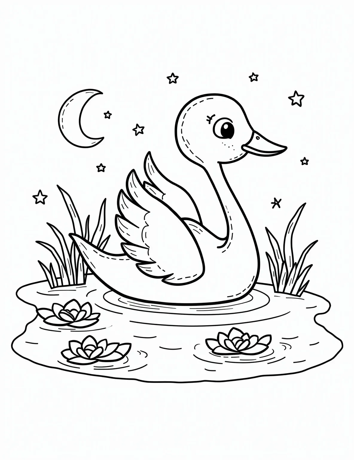 Graceful Swan's Moonlit Lake -- prompt: "black lines only Playful cartoon swan gliding across moonlit lake, outlined in bold black strokes. Stylized water lilies and reeds frame the scene. Simplified star shapes dot the sky. Large, empty spaces invite coloring. Gentle curves and basic shapes perfect for children's coloring book page. flat black lines, premium coloring page, coloring sheet, line drawing, Coloring Book, NO COLOR, NO SHADING, WHITE BACKGROUND. NO GRAY, BLACK AND WHITE, NO COLOR" -- Experience the serenity of nature with this elegant swan coloring page. A beautiful swan is gliding across a calm lake under a starry sky. This more intricate page is perfect for adults or older children who enjoy creating peaceful nighttime scenes.