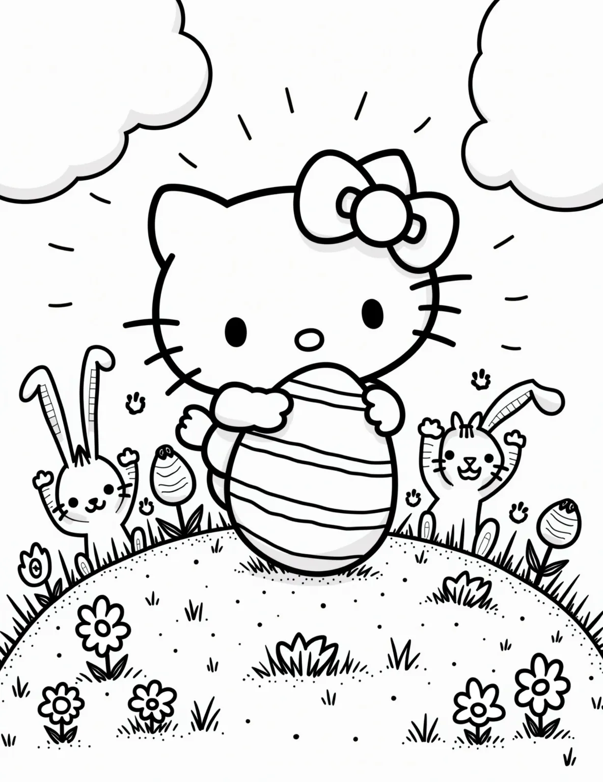 Hello Kitty's Easter Egg Rolling Contest -- prompt: "black lines only Hello Kitty, atop a grassy hill, rolls a pastel Easter egg. Bold outlines define her iconic bow and whiskers. Bunny-eared friends cheer, waving carrots. Flowers dot the scene. Fluffy clouds float above. Thick, simple lines perfect for coloring. Joyful Easter celebration in playful, simplified cartoon style. flat black lines, premium coloring page, coloring sheet, line drawing, Coloring Book, NO COLOR, NO SHADING, WHITE BACKGROUND. NO GRAY, BLACK AND WHITE, NO COLOR" -- Join the fun in this action-packed coloring page featuring Hello Kitty in an Easter egg rolling contest. She's at the top of a hill, ready to roll her decorated egg down. Her friends are cheering her on, creating an atmosphere of excitement and friendly competition.