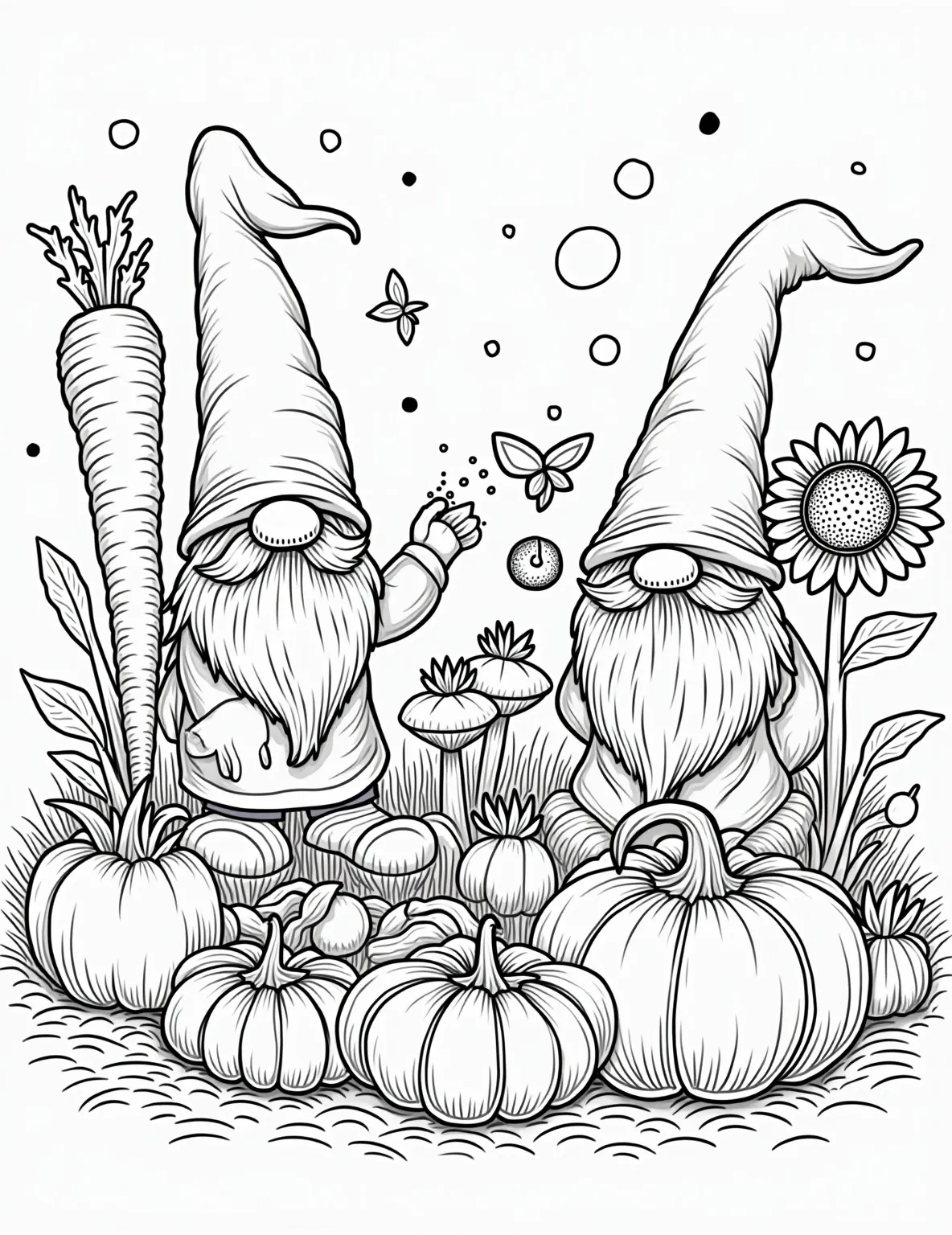 Veggie Garden Gnomes Coloring Page -- prompt: "black lines only Jolly gnomes with pointy hats tend a magical garden. Gigantic carrots tower over them, plump tomatoes dangle from vines, and oversized pumpkins dot the landscape. Bold outlines define each element, creating a playful scene perfect for coloring book enthusiasts. Coloring book style. flat black lines, premium coloring page, coloring sheet, line drawing, Coloring Book, NO COLOR, NO SHADING, WHITE BACKGROUND. NO GRAY, BLACK AND WHITE, NO COLOR" -- Discover the magic in your garden with our Veggie Garden Gnomes coloring page! Adorable gnomes tend to oversized vegetables, creating a whimsical scene that blends fantasy with healthy eating. This charming page is sure to delight both children and adults alike.