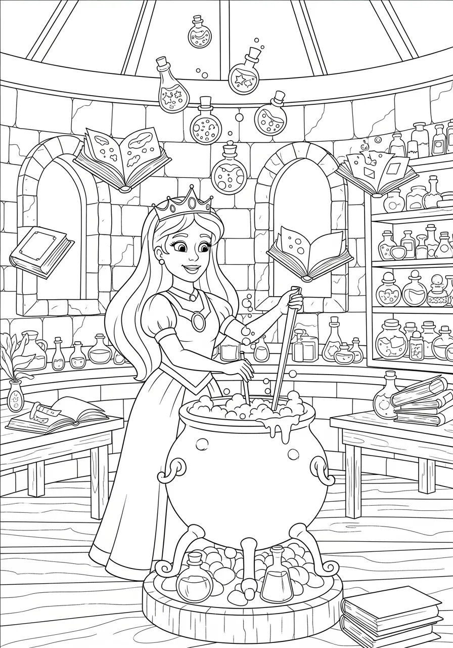 Princess Magic Potion Brewing Coloring Page -- prompt: "black lines only Cheerful princess with flowing gown mixing bubbling potions in circular tower laboratory, surrounded by large cauldrons, open spell books, floating magical ingredients, stone archway windows, wooden shelves filled with bottles, creating joyful coloring book page with bold outlines flat black lines, premium coloring page, coloring sheet, line drawing, Coloring Book, NO COLOR, NO SHADING, WHITE BACKGROUND. NO GRAY, BLACK AND WHITE, NO COLOR" -- Enter the mystical world of alchemy with this princess carefully mixing magical potions in her tower laboratory. Bubbling cauldrons, ancient spell books, and mysterious ingredients fill her workshop. Colorful smoke and sparkling effects show the magic happening all around her.