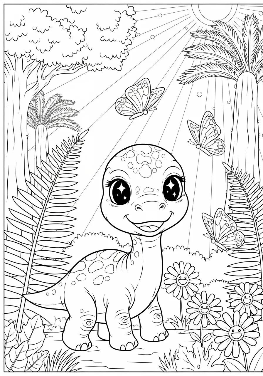 Cute Baby Brontosaurus First Steps Coloring Page -- prompt: "black lines only Fun coloring book style page featuring adorable baby Brontosaurus with large expressive eyes taking wobbly first steps, surrounded by bold outlined ferns, smiling flowers, friendly butterflies, and cheerful sunbeams streaming through simple prehistoric trees, perfect black outlines ready for coloring flat black lines, premium coloring page, coloring sheet, line drawing, Coloring Book, NO COLOR, NO SHADING, WHITE BACKGROUND. NO GRAY, BLACK AND WHITE, NO COLOR" -- This adorable baby Brontosaurus takes its first wobbly steps in a prehistoric nursery filled with soft ferns and gentle sunlight. The long-necked dinosaur's innocent expression and oversized features make it perfect for young artists who love cute characters. Parents and kids will enjoy coloring this heartwarming scene that celebrates new beginnings in the age of dinosaurs.
