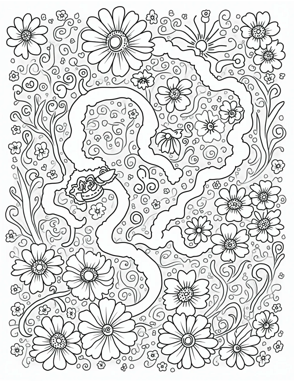 Bulbasaur's Secret Garden Coloring Page -- prompt: "black lines only Bulbasaur tends to a vibrant secret garden, outlined in bold black lines. Oversized flowers, swirling vines, and geometric patterns surround the Pokémon. Simple shapes create a playful maze-like layout. Watering can sprouts whimsical droplets. Empty spaces invite colorful imagination. Fun, child-friendly design for coloring enthusiasts. flat black lines, premium coloring page, coloring sheet, line drawing, Coloring Book, NO COLOR, NO SHADING, WHITE BACKGROUND. NO GRAY, BLACK AND WHITE, NO COLOR" -- Explore a world of wonder in this enchanting Bulbasaur coloring page! The grass-type starter is shown tending to a beautiful hidden garden filled with exotic plants and flowers. This page is perfect for nature lovers and offers a relaxing coloring experience for all ages.