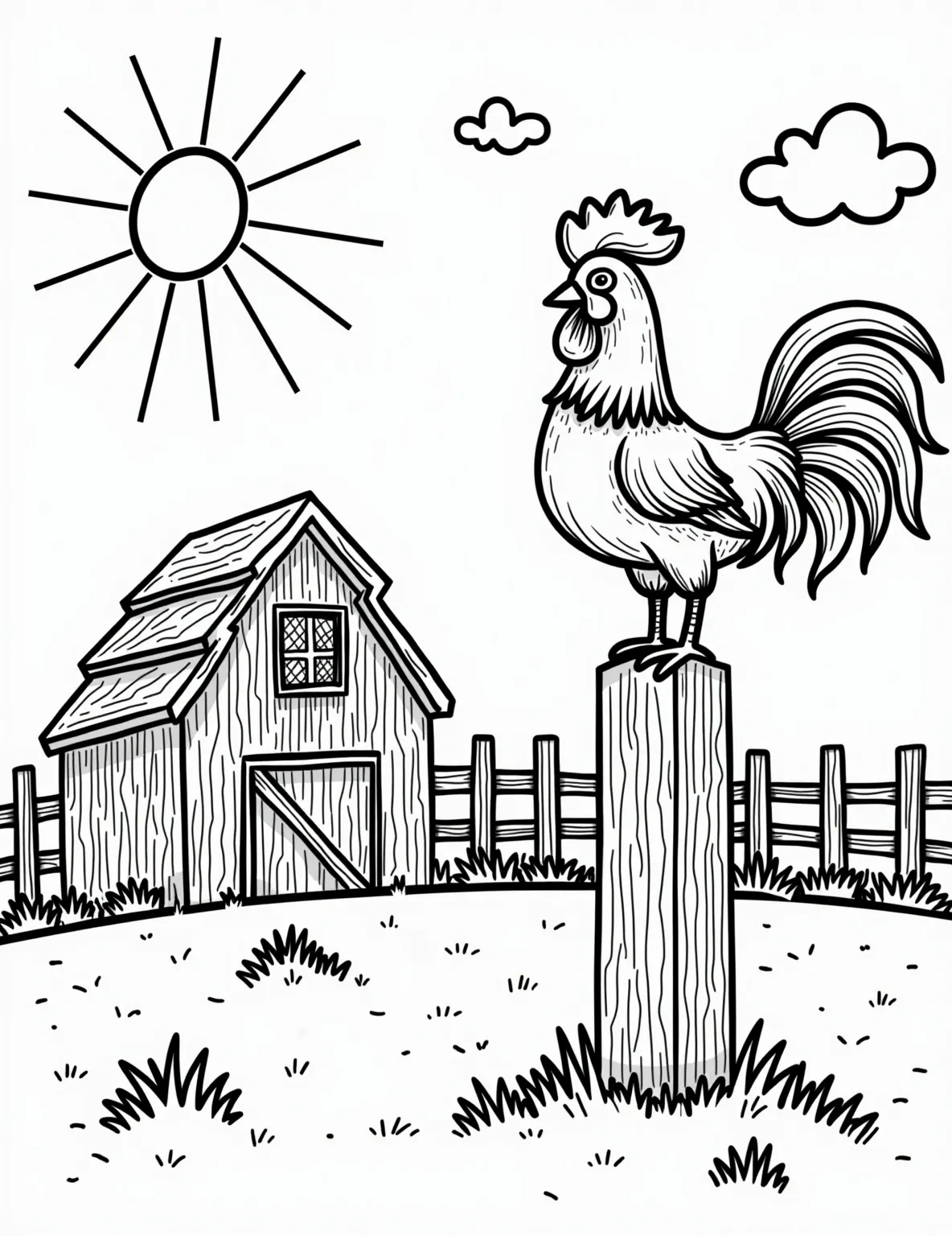 Proud Rooster Welcoming the Dawn Coloring Page -- prompt: "black lines only Coloring page design: Bold-outlined rooster perched on fence post, feathers exaggerated for easy coloring. Simplified barn shape with wood grain texture. Sun rays as geometric patterns. Fluffy clouds and grass tufts. Empty spaces for creative coloring. Joyful farmyard scene inspiring artistic expression. flat black lines, premium coloring page, coloring sheet, line drawing, Coloring Book, NO COLOR, NO SHADING, WHITE BACKGROUND. NO GRAY, BLACK AND WHITE, NO COLOR" -- Rise and shine with this vibrant rooster coloring page. The proud bird crowing at sunrise captures the essence of farm life and new beginnings. Perfect for those who enjoy farm animals and morning scenes.