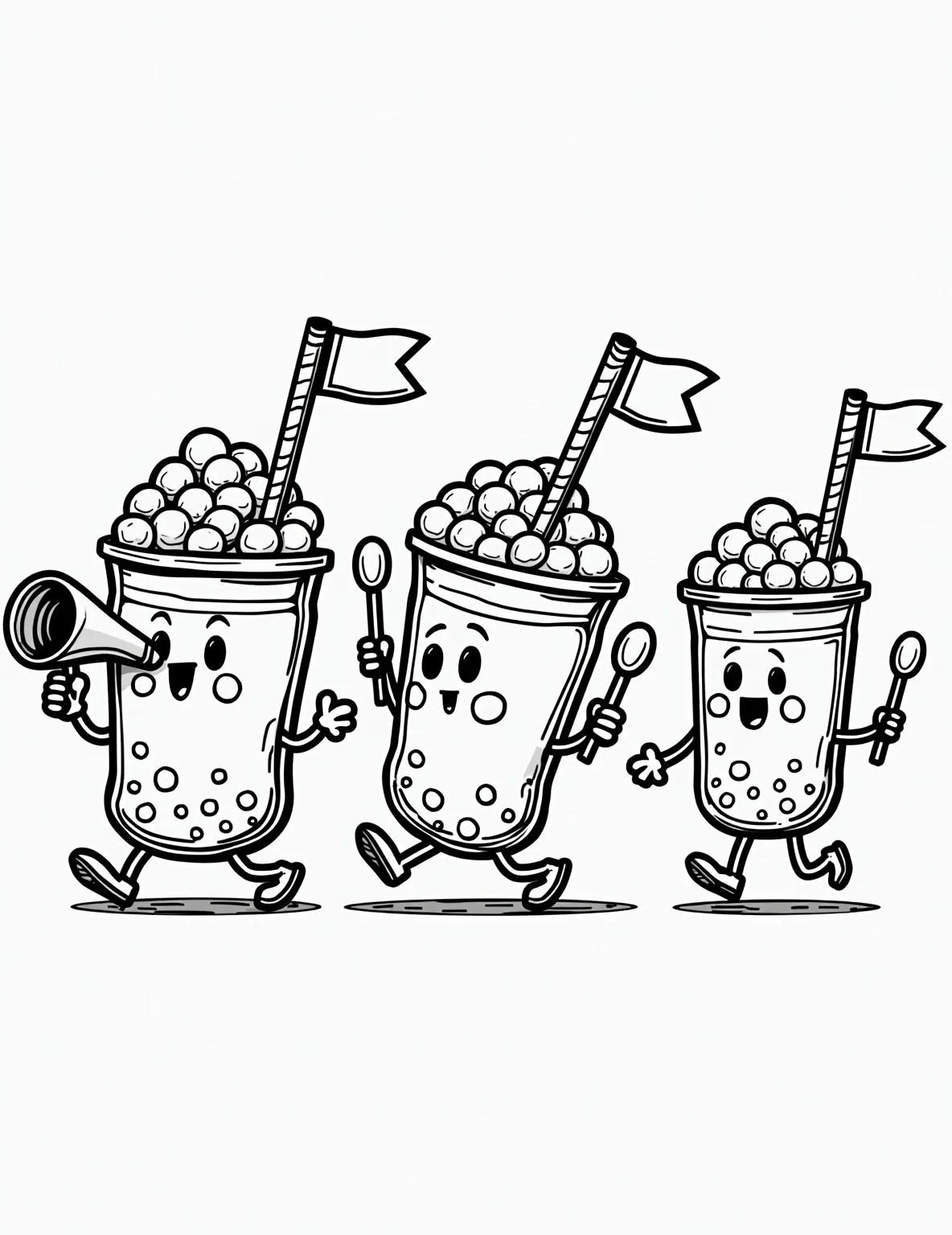 Kawaii Boba Tea Marching Band -- prompt: "black lines only Kawaii boba tea characters parade in a coloring book style. Smiling tapioca pearls play oversized bubble tea straw trumpets. Cheerful cups march with teaspoon drumsticks. Milk tea mascots wave flags. Bold outlines define each element, ready for colorful creativity. Joyful flat black lines, premium coloring page, coloring sheet, line drawing, Coloring Book, NO COLOR, NO SHADING, WHITE BACKGROUND. NO GRAY, BLACK AND WHITE, NO COLOR" -- Strike up the band with this musical boba tea parade! This lively coloring page features a marching band of cute boba cup characters playing various instruments. From tapioca pearl drumlines to straw flutes, every instrument has a bubbly twist. Don't miss the grand marshal boba leading the way with a twirling baton!