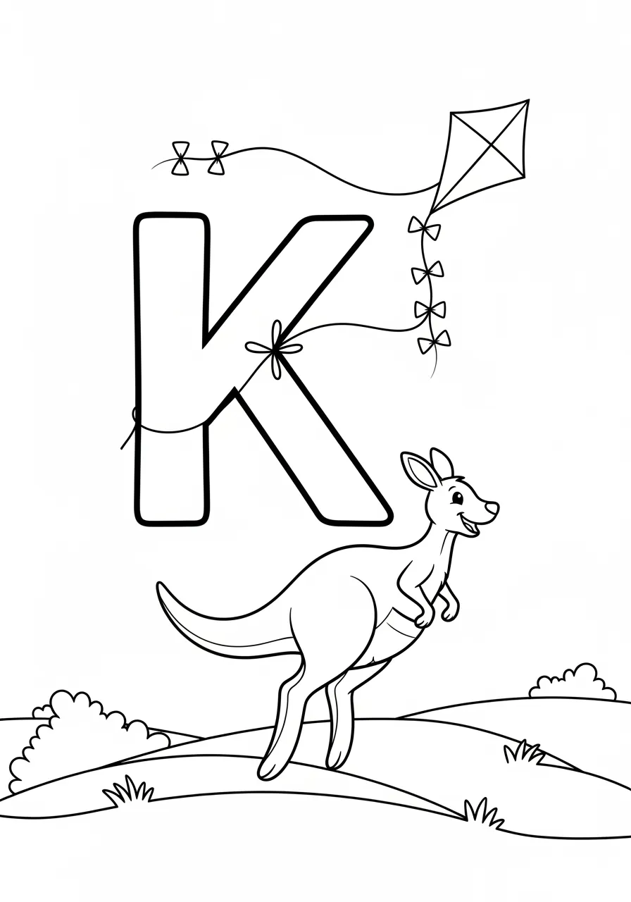 Kite-Flying Kangaroo's Letter K Adventure Coloring Page -- prompt: "black lines only Fun coloring book style cartoon kangaroo mid-hop with joy, flying diamond kite above grassy meadow, kangaroo's curved body and flowing kite string cleverly forming bold letter K shape, thick black outlines, simple cheerful design perfect for children's coloring activities flat black lines, premium coloring page, coloring sheet, line drawing, Coloring Book, NO COLOR, NO SHADING, WHITE BACKGROUND. NO GRAY, BLACK AND WHITE, NO COLOR" -- Hop into learning with this delightful 'K' coloring page featuring a kangaroo flying a colorful kite! The kangaroo's bouncing pose and the kite's string create a perfect letter K formation against a sunny sky. This playful scene combines outdoor fun with alphabet learning, making it perfect for active kids who love animals and adventures.