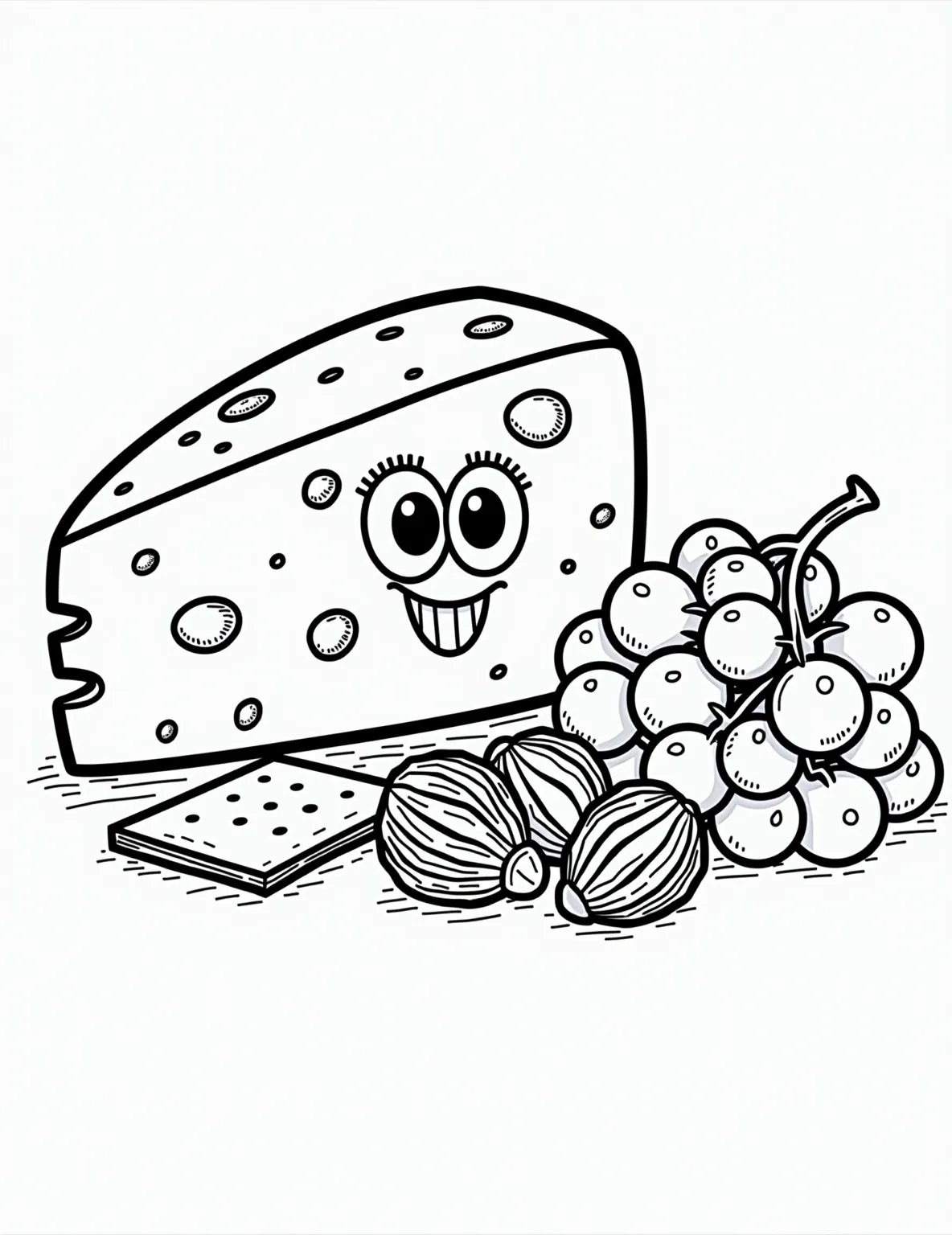 Gourmet Cheese Board Delight Coloring Page -- prompt: "black lines only A playful cheese board coloring page bursting with oversized, cartoonish cheeses sporting goofy faces. Jumbo crackers zigzag between plump grapes and comically large nuts. Bold outlines define each element, inviting vibrant colors. A mouse peeks from behind, adding whimsy to this delightful scene. flat black lines, premium coloring page, coloring sheet, line drawing, Coloring Book, NO COLOR, NO SHADING, WHITE BACKGROUND. NO GRAY, BLACK AND WHITE, NO COLOR" -- Indulge in a sophisticated coloring experience with our Gourmet Cheese Board Delight page! This elegant spread features an array of artisanal cheeses, accompanied by crackers, grapes, and nuts. Perfect for adult coloring enthusiasts, this page offers intricate details and textures to bring to life with your favorite colors.