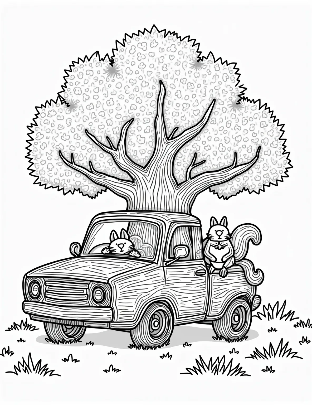 Eco-Friendly Tree Car -- prompt: "black lines only Enchanting coloring page featuring a whimsical eco-car sprouting from a sturdy oak tree. Broad oak leaves form a cozy roof, while gnarled branches curve into playful wheels. Cheerful flowers and curious woodland creatures peek out from intricate, swirling patterns. Perfect for nature-loving kids to color and explore. flat black lines, premium coloring page, coloring sheet, line drawing, Coloring Book, NO COLOR, NO SHADING, WHITE BACKGROUND. NO GRAY, BLACK AND WHITE, NO COLOR" -- Celebrate nature and sustainable living with this unique tree car concept. This thought-provoking coloring page depicts a car literally growing from a tree, with leaves forming the roof and branches serving as wheels. It's a perfect choice for environmentally conscious colorists and those who appreciate creative, nature-inspired designs.