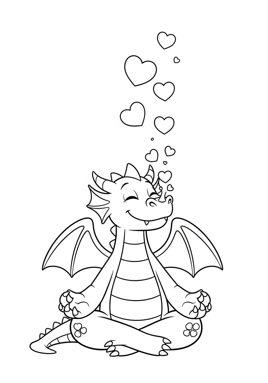 Valentine Dragon with Heart Scales Coloring Page -- prompt: "black lines only A smiling dragon with large heart-shaped scales sits peacefully, breathing floating heart-shaped smoke clouds, thick black outlines, simple clean lines, white background, coloring book page style, cheerful cartoon design for children flat black lines, premium coloring page, coloring sheet, line drawing, Coloring Book, NO COLOR, NO SHADING, WHITE BACKGROUND. NO GRAY, BLACK AND WHITE, NO COLOR" -- A friendly dragon displays scales shaped like tiny hearts across its body while breathing heart-shaped puffs instead of fire. The dragon's gentle expression and playful pose make this mythical creature approachable and sweet rather than fearsome. This unique design perfectly combines fantasy elements with Valentine's Day themes for an unexpected romantic twist.