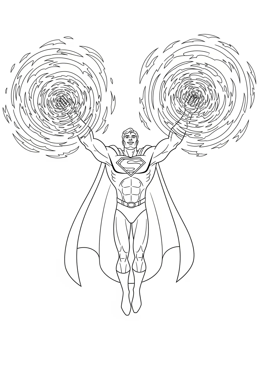 Fire Hero Creating Flame Whirlwinds Coloring Page -- prompt: "black lines only Fun coloring book style superhero with cape flowing, arms outstretched creating bold outlined spiral flame tornadoes, thick black lines, simple shapes, cheerful expression, dynamic pose, swirling fire patterns perfect for crayons flat black lines, premium coloring page, coloring sheet, line drawing, Coloring Book, NO COLOR, NO SHADING, WHITE BACKGROUND. NO GRAY, BLACK AND WHITE, NO COLOR" -- This dynamic coloring page features a powerful superhero controlling blazing fire whirlwinds with outstretched hands. The hero stands at the center of swirling flames that dance and spiral upward in mesmerizing patterns. Children will love using warm reds, oranges, and yellows to bring these spectacular fire effects to vivid life.
