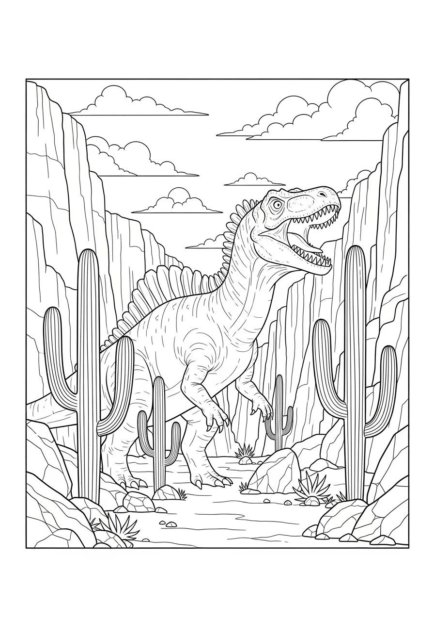 Massive Giganotosaurus in Desert Canyon Coloring Page -- prompt: "black lines only Fun coloring book style page featuring a mighty Giganotosaurus with bold outlines standing proudly between towering canyon walls, surrounded by desert cacti, scattered boulders, and simple cloud shapes, perfect for creative coloring adventures flat black lines, premium coloring page, coloring sheet, line drawing, Coloring Book, NO COLOR, NO SHADING, WHITE BACKGROUND. NO GRAY, BLACK AND WHITE, NO COLOR" -- Witness the raw power of one of the largest land predators ever to walk the Earth as this enormous Giganotosaurus dominates a dramatic desert canyon landscape. The sheer size and muscular build of this apex predator are emphasized against the stark, rocky backdrop. This challenging coloring page is perfect for experienced colorists who want to tackle something truly impressive.