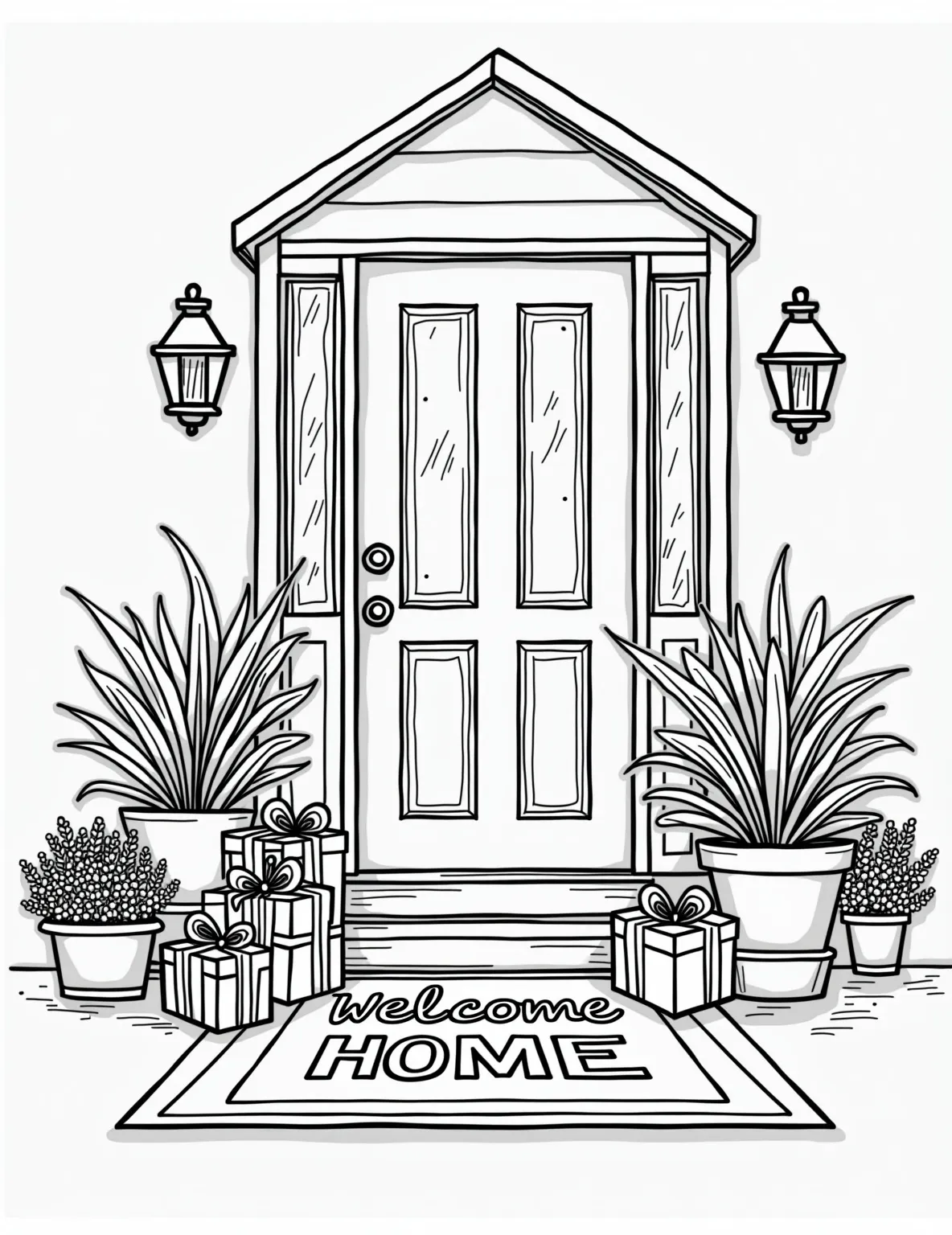 New Home Housewarming Gifts -- prompt: "black lines only Oversized, playful outlines of housewarming gifts piled high on a doorstep. Exaggerated 'Welcome Home' mat with swirly letters. Bold, simple shapes perfect for coloring. Cheerful scene with gift boxes, plants, and household items waiting to be filled with vibrant hues. flat black lines, premium coloring page, coloring sheet, line drawing, Coloring Book, NO COLOR, NO SHADING, WHITE BACKGROUND. NO GRAY, BLACK AND WHITE, NO COLOR" -- Welcome to the new home with this coloring page featuring housewarming gifts. A stack of presents sits on a doorstep, including a potted plant, a wrapped picture frame, and a basket of household items. A 'Welcome Home' mat adds a finishing touch to the scene.