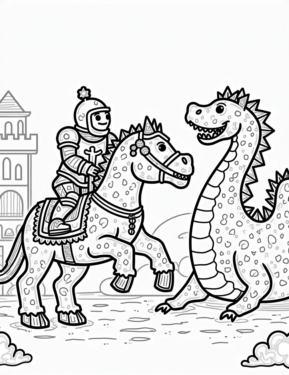 Gingerbread Knight's Medieval Quest Coloring Page -- prompt: "black lines only Gingerbread knight astride frosted cookie steed, confronting towering candy dragon. Gumdrop-studded castle looms behind. Bold outlines define each element. Swirling patterns adorn armor and scales. Empty spaces await vibrant colors. Playful scene invites imagination and creativity. flat black lines, premium coloring page, coloring sheet, line drawing, Coloring Book, NO COLOR, NO SHADING, WHITE BACKGROUND. NO GRAY, BLACK AND WHITE, NO COLOR" -- Embark on a medieval adventure with this enchanting coloring page featuring a brave gingerbread knight. The scene depicts our cookie hero on a noble steed, ready to face a whimsical candy dragon guarding a gingerbread castle. This page is perfect for older children and adults who enjoy intricate details and fantasy themes.