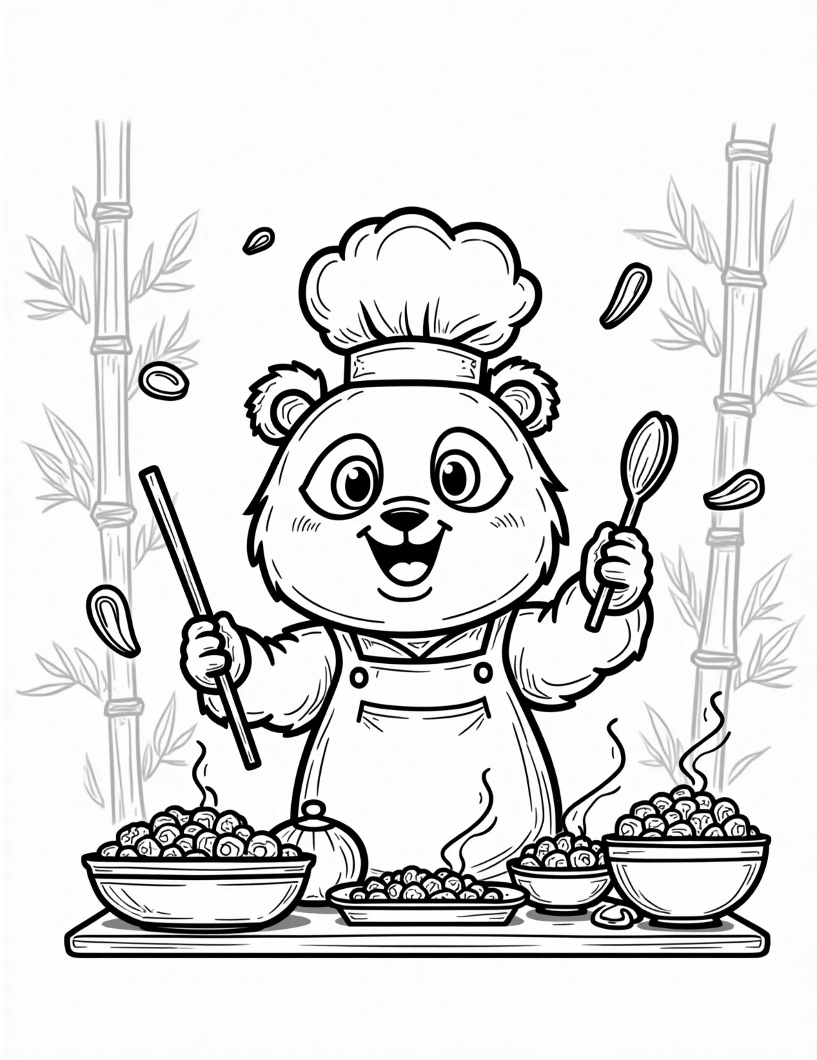 Panda Chef's Bamboo Cuisine Coloring Page -- prompt: "black lines only Playful panda chef in oversized toque, wielding bamboo spoon. Kitchen filled with bold, thick-lined objects: wok, utensils, ingredients. Bamboo shoots and leaves scattered. Simple shapes, minimal shading. Perfect for coloring fun. Cheerful expression, inviting children to bring flat black lines, premium coloring page, coloring sheet, line drawing, Coloring Book, NO COLOR, NO SHADING, WHITE BACKGROUND. NO GRAY, BLACK AND WHITE, NO COLOR" -- Get ready for a culinary adventure with this charming coloring page of a panda chef. The panda is shown wearing a chef's hat and apron, preparing a gourmet meal using bamboo shoots and leaves. This page allows for creative coloring of food items and kitchen utensils, all with a panda twist.