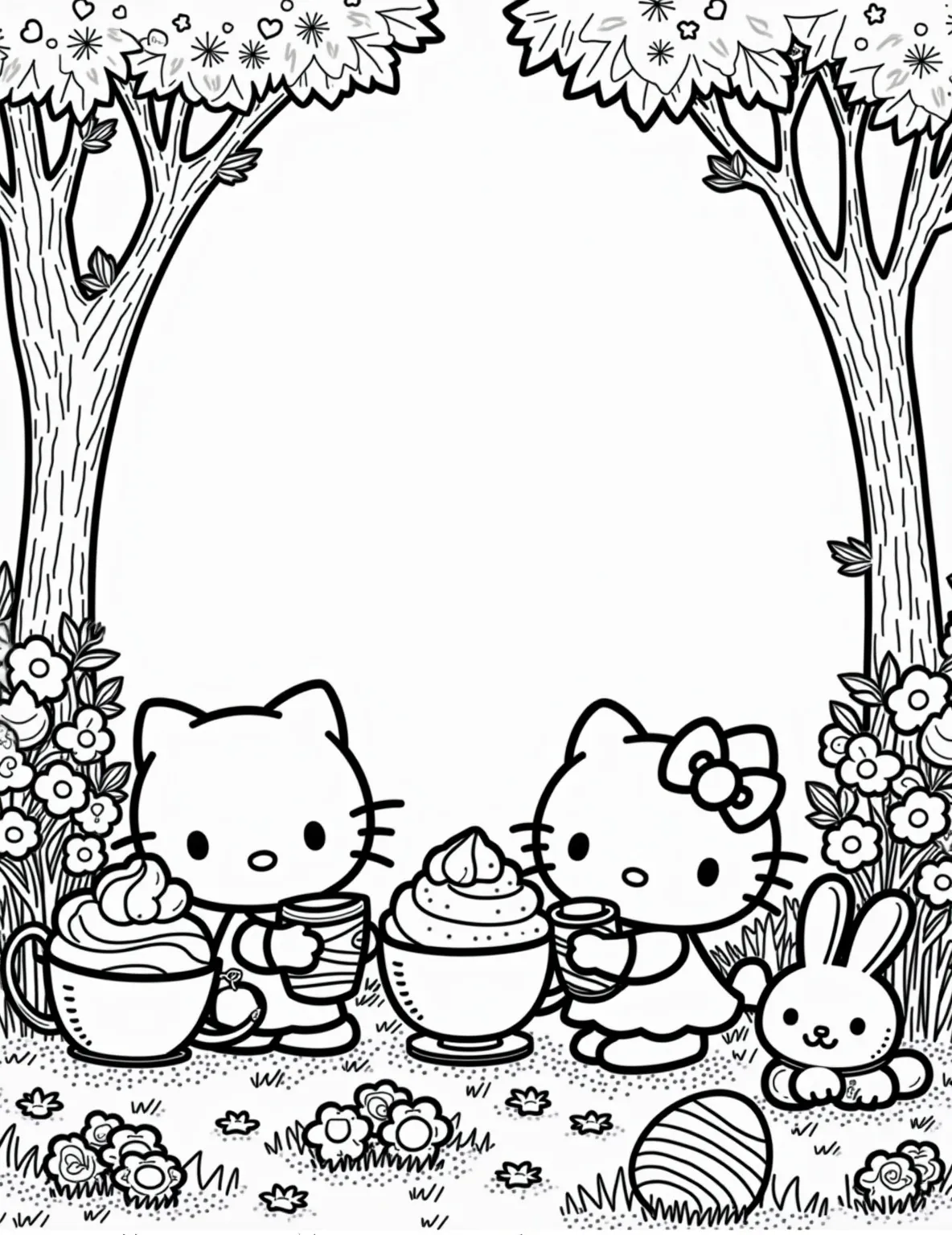 Hello Kitty's Easter Garden Party -- prompt: "black lines only Hello Kitty's Easter garden party: bold outlines, simple shapes. Friends sip tea from oversized cups. Cupcakes with swirled frosting. Easter eggs, bunnies, flowers scattered. Cheerful expressions, no shading. Blank spaces between elements for coloring. Playful scene ready for vibrant hues. flat black lines, premium coloring page, coloring sheet, line drawing, Coloring Book, NO COLOR, NO SHADING, WHITE BACKGROUND. NO GRAY, BLACK AND WHITE, NO COLOR" -- Experience the joy of spring with this delightful garden party scene. Hello Kitty is hosting her friends for an Easter celebration, complete with a tea set, cupcakes, and Easter eggs. The garden is in full bloom, with flowers and butterflies all around.