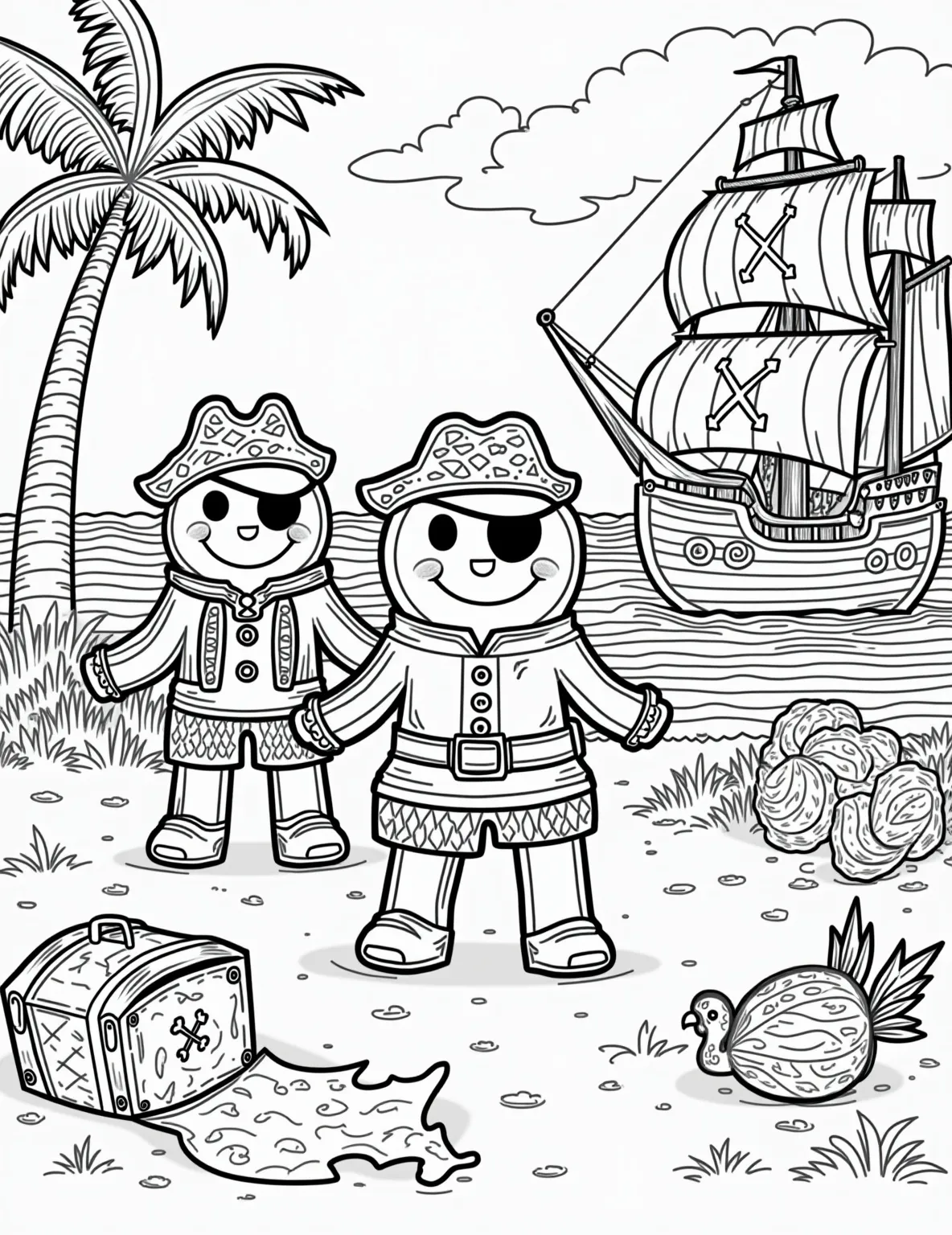 Gingerbread Pirates' Treasure Hunt Coloring Page -- prompt: "black lines only Gingerbread pirate crew on tropical island coloring page. Bold outlines showcase swashbuckling cookie buccaneers, palm trees, buried treasure, and a grand pirate ship. Simple shapes and patterns perfect for coloring. X marks the spot on parchment map. Fun, playful scene for all ages. flat black lines, premium coloring page, coloring sheet, line drawing, Coloring Book, NO COLOR, NO SHADING, WHITE BACKGROUND. NO GRAY, BLACK AND WHITE, NO COLOR" -- This adventurous coloring page shows a crew of gingerbread pirates on a treasure hunt. The scene includes a treasure map, a pirate ship, and a tropical island. It's an exciting page that combines the charm of gingerbread men with the thrill of pirate adventures.