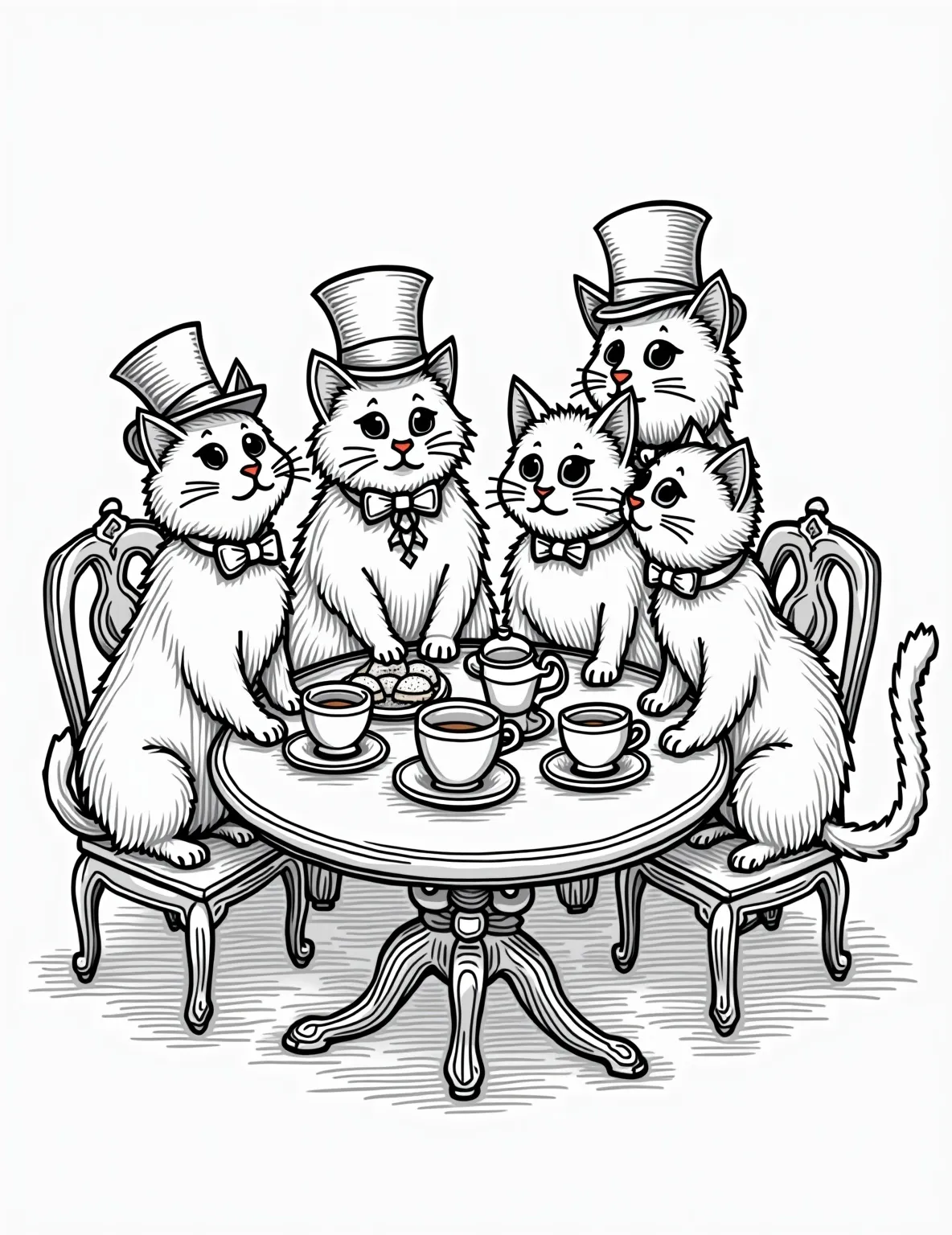 Sophisticated Cat Tea Party Coloring Page -- prompt: "black lines only Playful line-art cats in Victorian attire gather around ornate tea table. Teacups, scones, and doilies fill the scene. Whiskers and tails intertwine with floral patterns. Bold outlines define each element, creating a charming, ready-to-color tableau of feline refinement. flat black lines, premium coloring page, coloring sheet, line drawing, Coloring Book, NO COLOR, NO SHADING, WHITE BACKGROUND. NO GRAY, BLACK AND WHITE, NO COLOR" -- Indulge in a bit of feline fancy with this whimsical tea party scene. The page features elegantly dressed cats enjoying a proper tea service, complete with teacups, saucers, and perhaps some fish-shaped cookies. It's a delightful choice for those who appreciate detailed and imaginative cat-themed coloring book pages.