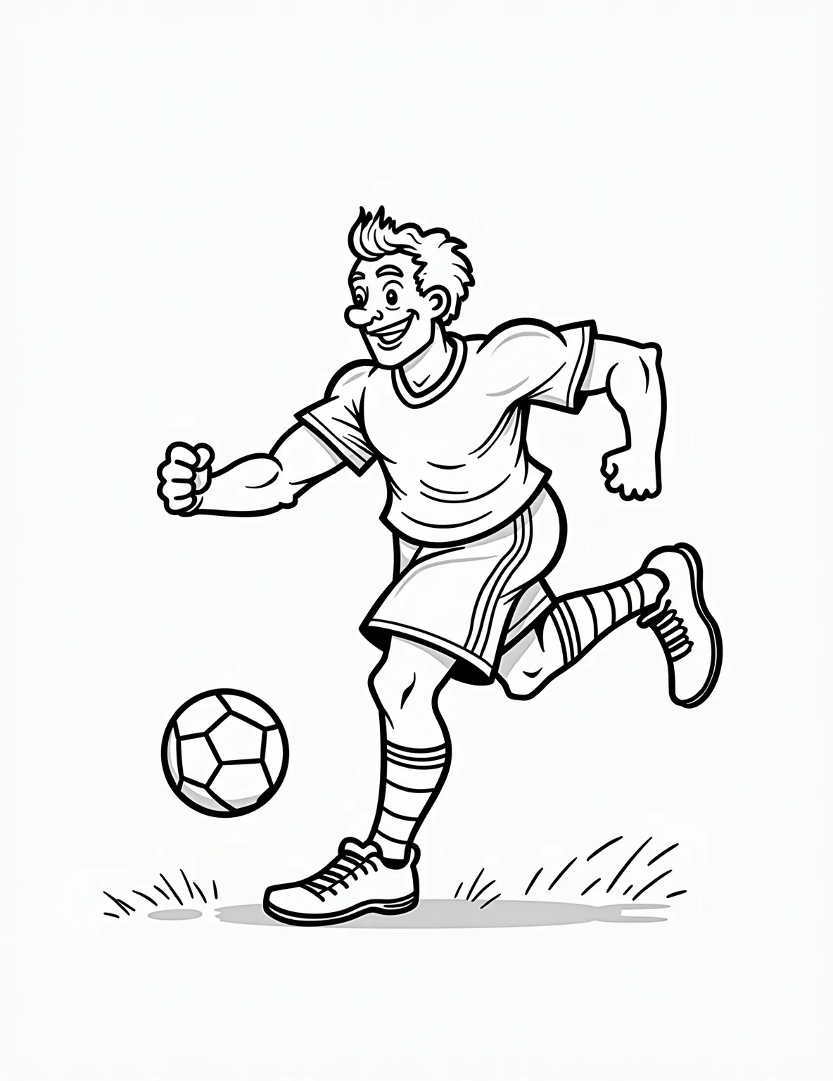 Soccer Player Stretching -- prompt: "black lines only Soccer player, bold outlines, stretching forward. Legs spread wide, arms reaching for toes. Exaggerated muscles, playful facial expression. Simple background with soccer ball. Large, empty spaces for coloring. Thick lines define body parts, uniform details. Perfect for children's coloring books. flat black lines, premium coloring page, coloring sheet, line drawing, Coloring Book, NO COLOR, NO SHADING, WHITE BACKGROUND. NO GRAY, BLACK AND WHITE, NO COLOR" -- This coloring page focuses on the importance of warm-up in soccer, showing a player mid-stretch. The player is performing a hamstring stretch, one leg extended, reaching for their toes. This page is great for discussing fitness and preparation in sports.