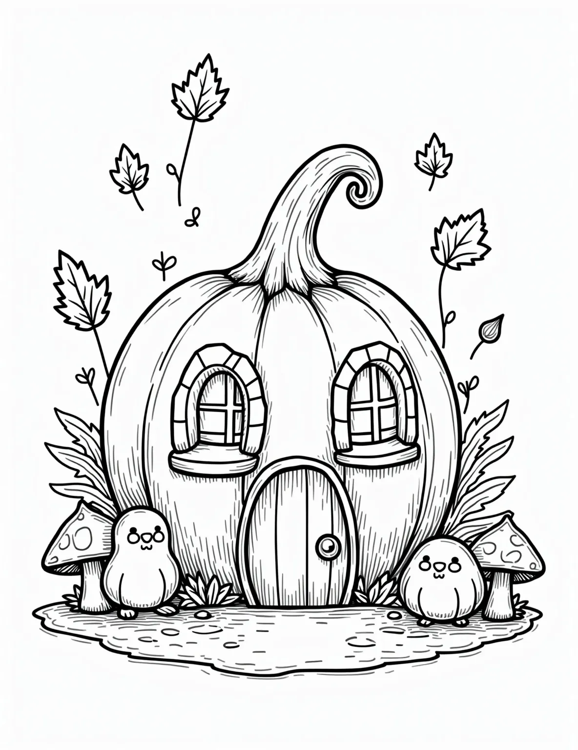 Autumn Fairy's Pumpkin House -- prompt: "black lines only Enchanting pumpkin fairy house with curvy windows and acorn doorknob. Thick black outlines define autumn leaves, mushrooms, and smiling woodland creatures. Simple shapes and patterns perfect for coloring. Cozy scene radiates warmth and whimsy, inviting imagination to flourish. Fun, child-friendly design flat black lines, premium coloring page, coloring sheet, line drawing, Coloring Book, NO COLOR, NO SHADING, WHITE BACKGROUND. NO GRAY, BLACK AND WHITE, NO COLOR" -- Discover the magical world of autumn fairies with this enchanting coloring page. The scene showcases a cozy fairy home inside a giant pumpkin, surrounded by fall foliage and woodland creatures. It's a delightful way to celebrate both Halloween and the beauty of autumn.