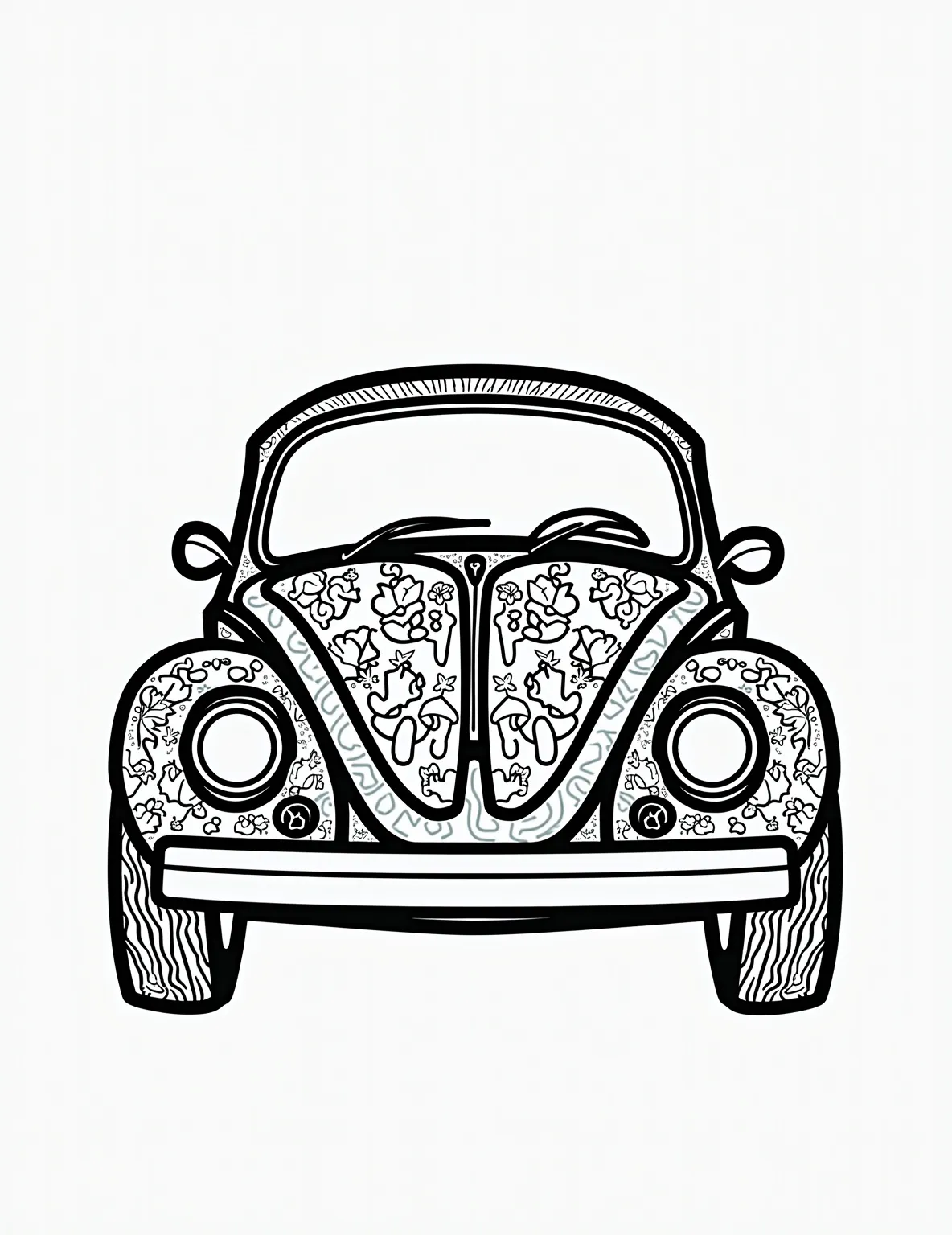 Flower Power Volkswagen -- prompt: "black lines only Retro Volkswagen Beetle outline with bold black lines. Groovy flower power patterns fill empty spaces. Chunky daisies, swirling peace signs, and funky mushrooms adorn the car's body. Wavy lines create a trippy background. Perfect for 60s-inspired coloring fun. flat black lines, premium coloring page, coloring sheet, line drawing, Coloring Book, NO COLOR, NO SHADING, WHITE BACKGROUND. NO GRAY, BLACK AND WHITE, NO COLOR" -- Take a trip back to the 60s with this groovy flower power Volkswagen coloring page. A classic VW Beetle or Bus is covered in psychedelic flower patterns, embodying the spirit of peace and love. This fun page is perfect for those who enjoy retro designs and bold, vibrant colors.