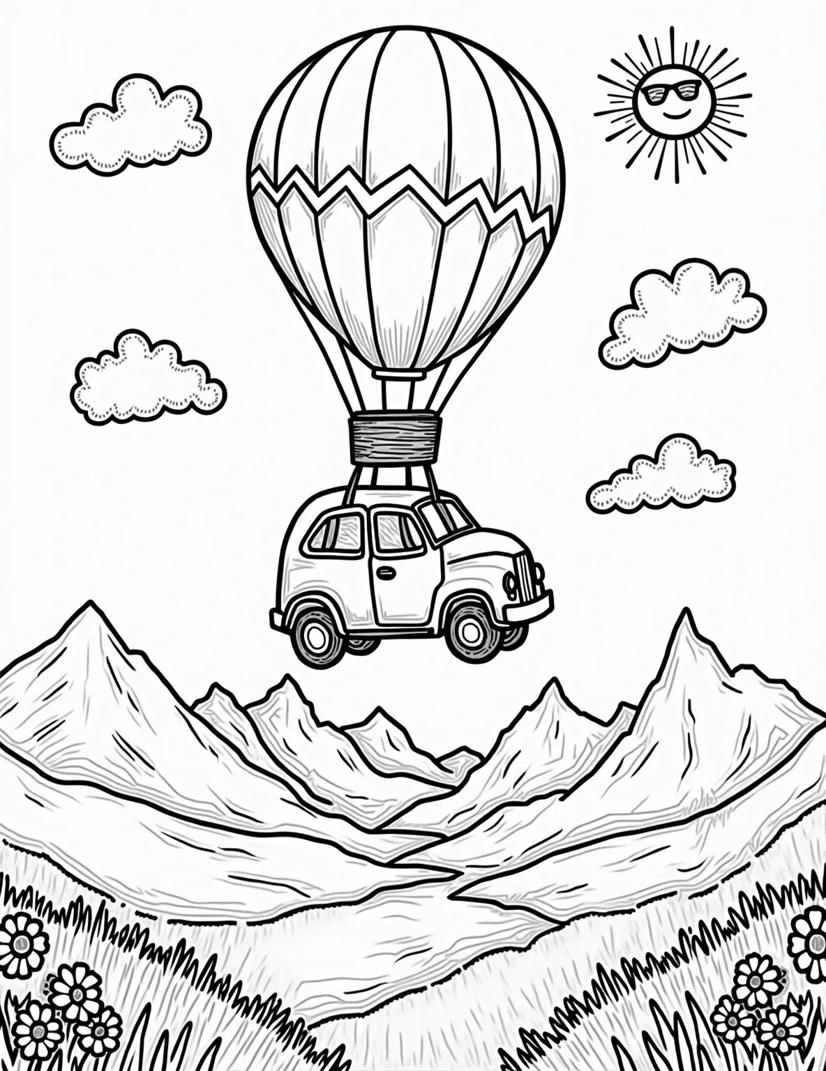 Hot Air Balloon Car Flying High -- prompt: "black lines only Coloring page of a whimsical car-balloon hybrid soaring above patchwork fields. Bold outlines define puffy clouds, winding rivers, and jagged mountains. Oversized flowers dot meadows. Car's wheels dangle playfully. Balloon features geometric patterns. Sun peeks from corner, wearing sunglasses. Fun, carefree adventure scene for coloring. flat black lines, premium coloring page, coloring sheet, line drawing, Coloring Book, NO COLOR, NO SHADING, WHITE BACKGROUND. NO GRAY, BLACK AND WHITE, NO COLOR" -- Let your imagination soar with this whimsical hot air balloon car. Floating gently above a picturesque landscape, this fanciful vehicle combines the joy of driving with the wonder of flight. It's a delightful page for dreamers and those who think outside the box.